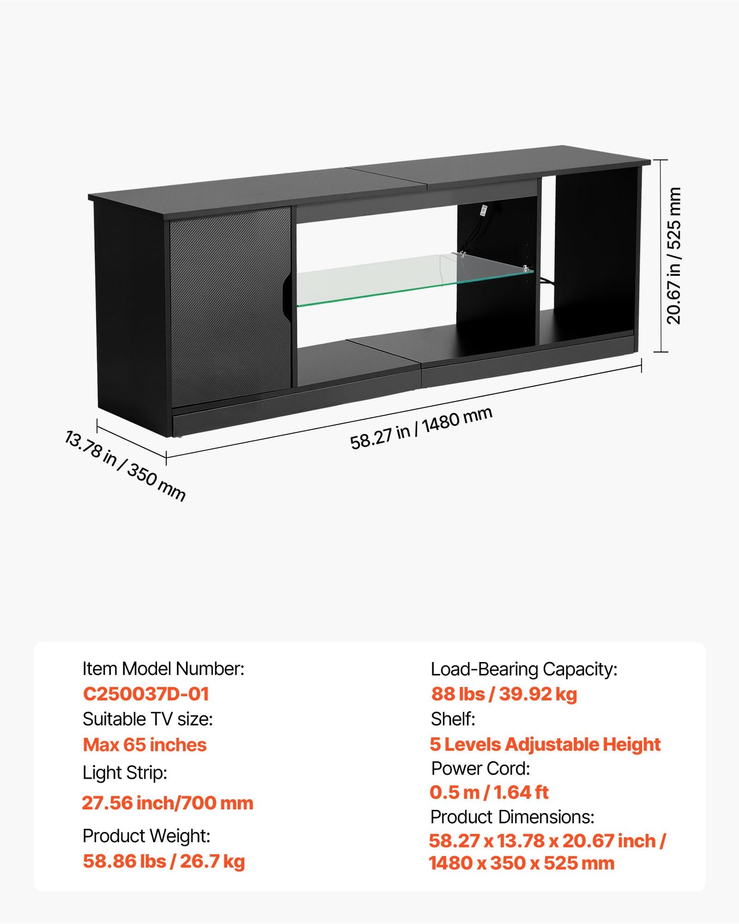 TV-stativ för TV-apparater upp till 1651 mm, Modernt underhållningscenter med ljuslist, TV-skåp i trä med glashylla och justerbara hyllor, Konsolbord för vardagsrum och sovrum, Svart