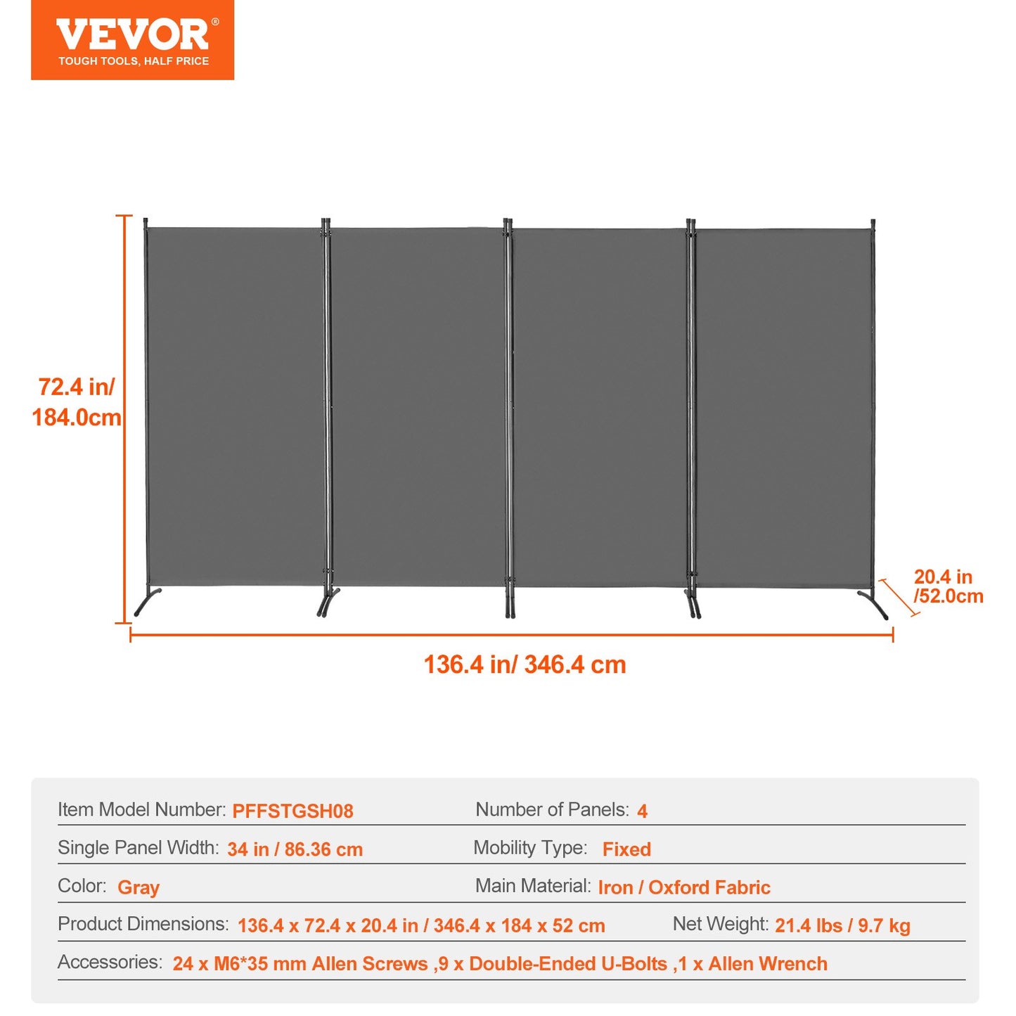 Room Divider, 4 Panels Room Divider, Folding Privacy Screen and Portable Partition Divider for Room Separation, Freestanding Room Partitions for Office, Bedroom, Study, Grey