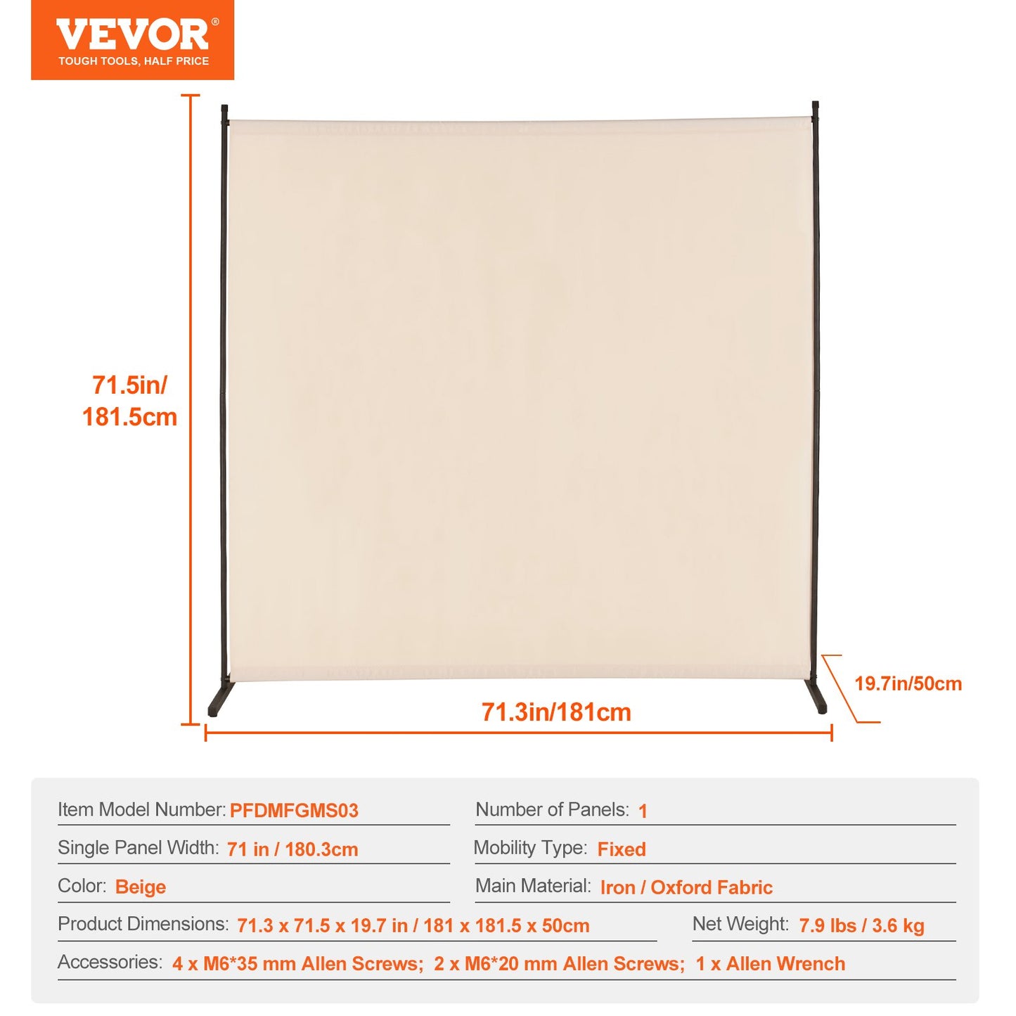 Room Divider, Single Panel Room Divider, 6FT Privacy Screen Indoor, Partition Divider for Room Separation, Freestanding Room Divider Panel for Office, Bedroom, Beige