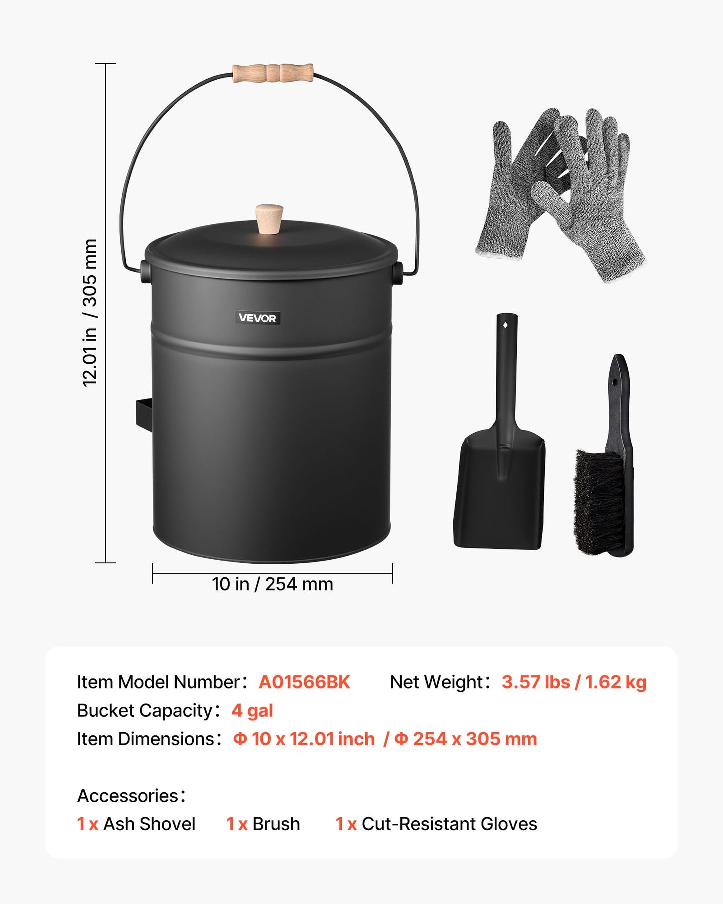 Askhink, 4 st med lock, spade, kvast och handskar, metallkolshink och askbehållare för öppen spis, 15 liter stor kapacitet för öppen spis, eldgropar, vedeldade kaminer, inomhus och utomhus