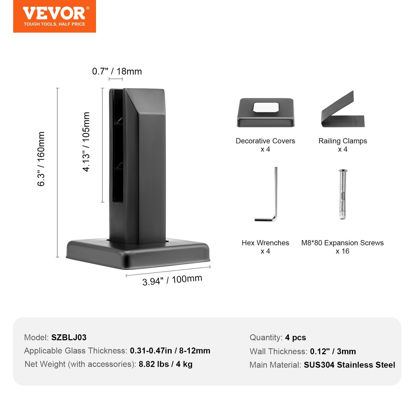 Glasklämma, 4 st fyrkantiga glasräckesfästen för 0,31"-0,47" härdat glas, monteringsklämma i rostfritt stål 304, 0,12” tjockt glashyllefäste för balkong, trädgård, altan, trappa