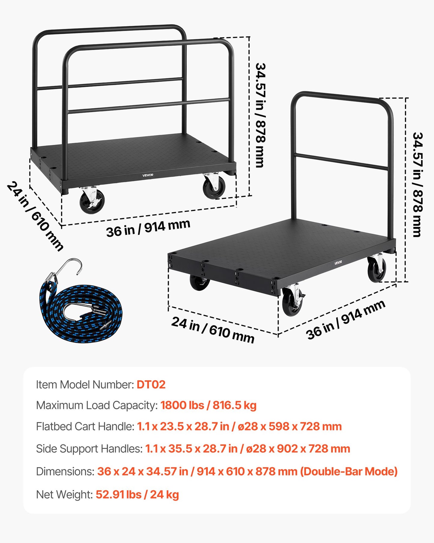 Drywall Cart Dolly, 816 kg Load Capacity, 2-in-1 Steel Panel Truck Cart with 12.5 mm Swivel Casters, 91.4 x 61 cm Platform Truck with 3 Side Handrails for Factory, Warehouse, Garage, Black
