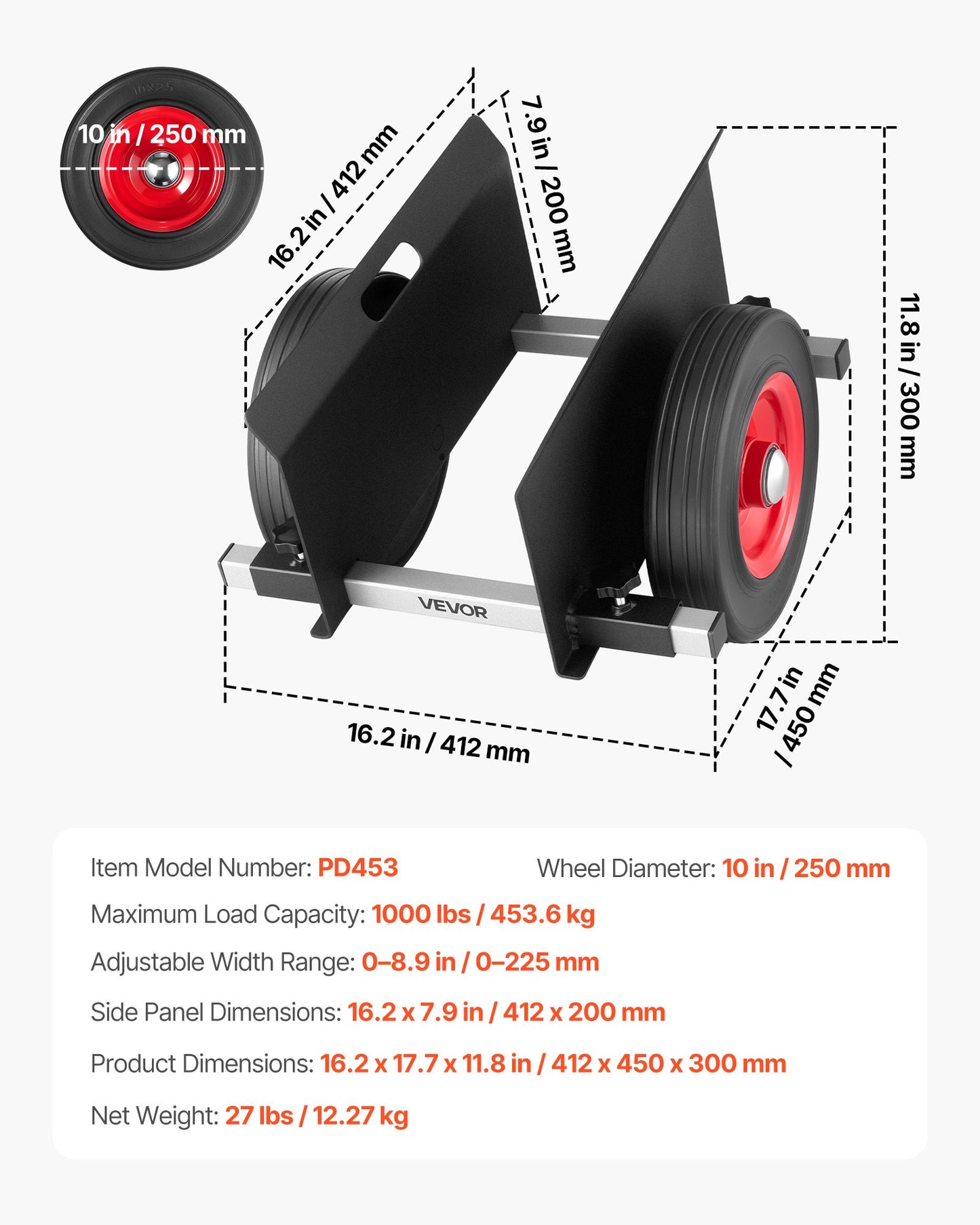 Panelvagn, 453,6 kg lastkapacitet, gipsvagn med 25 cm gummihjul passar olika terränger, justerbar klämpanelvagn för stålpaneler, madrasser, dörrar och gipsskivor, svart