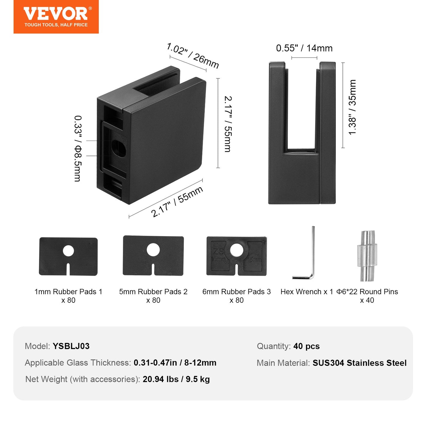 Glass Clamp 40 PCS Square Railing Bracket for 0.31"-0.47" (0.8-1.2cm) Glass Black