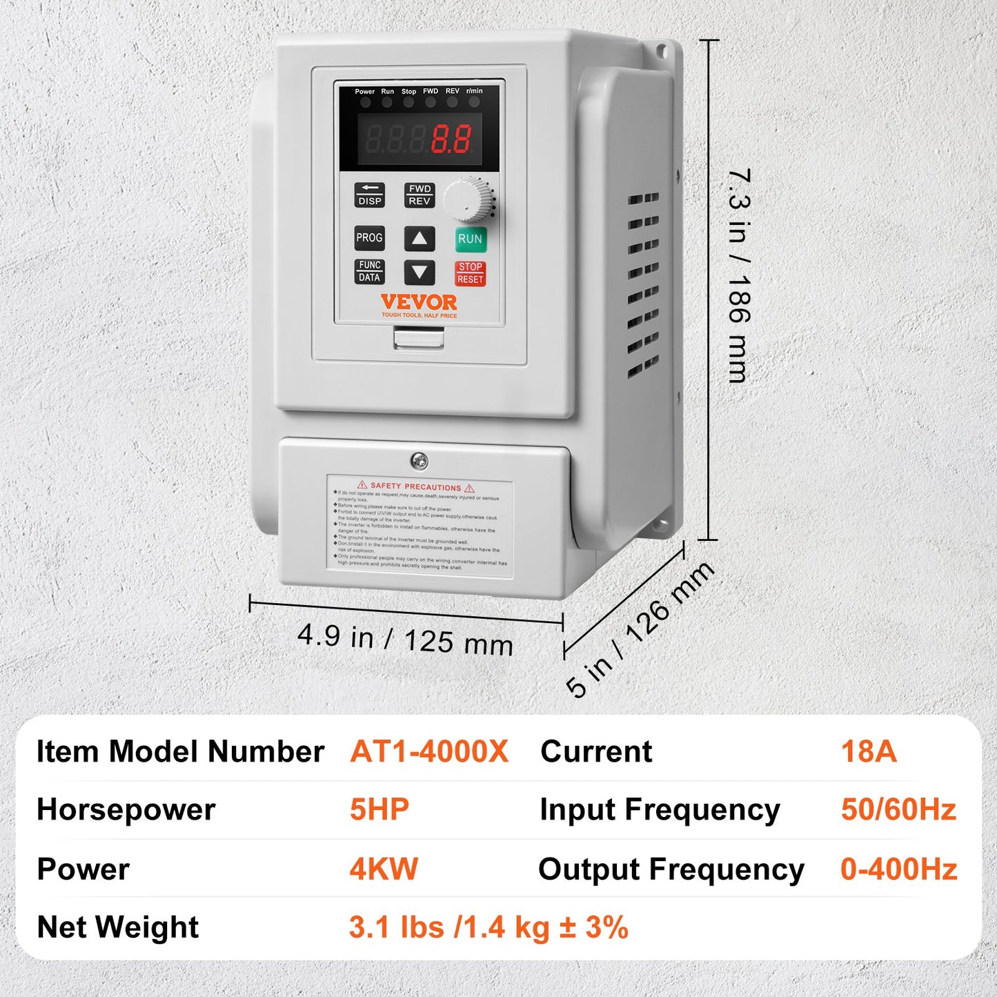 VFD 4KW,18A,5HP Variable Frequency Drive for 3-Phase Motor Speed Control