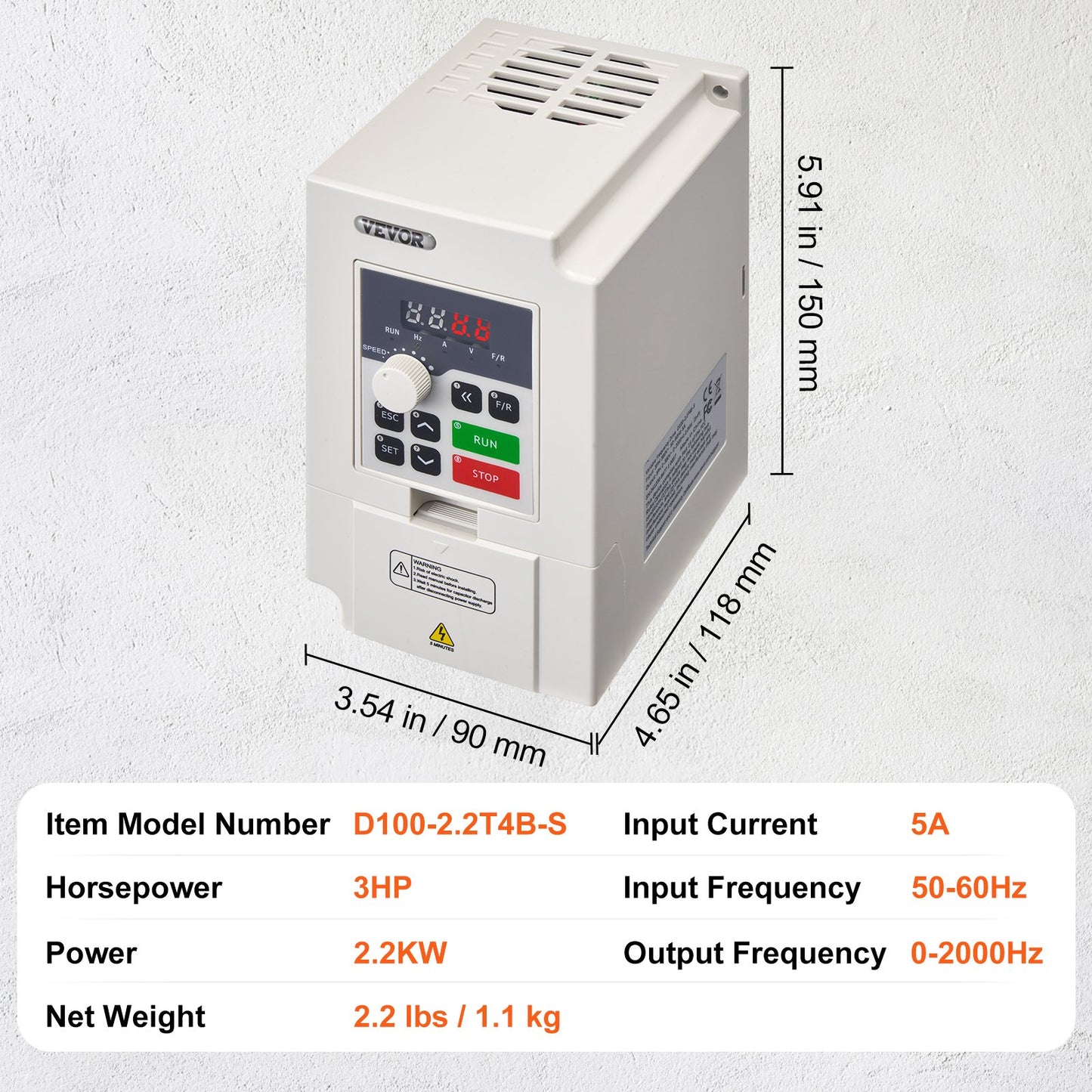 VFD 3HP, 2.2KW, 5A, 3 Phase AC 380V Input to 3 Phase AC 0 - 380V Output Variable Frequency Drive, 50/60Hz Input, 0-2000Hz Output VFD for Spindle Motor Speed Control