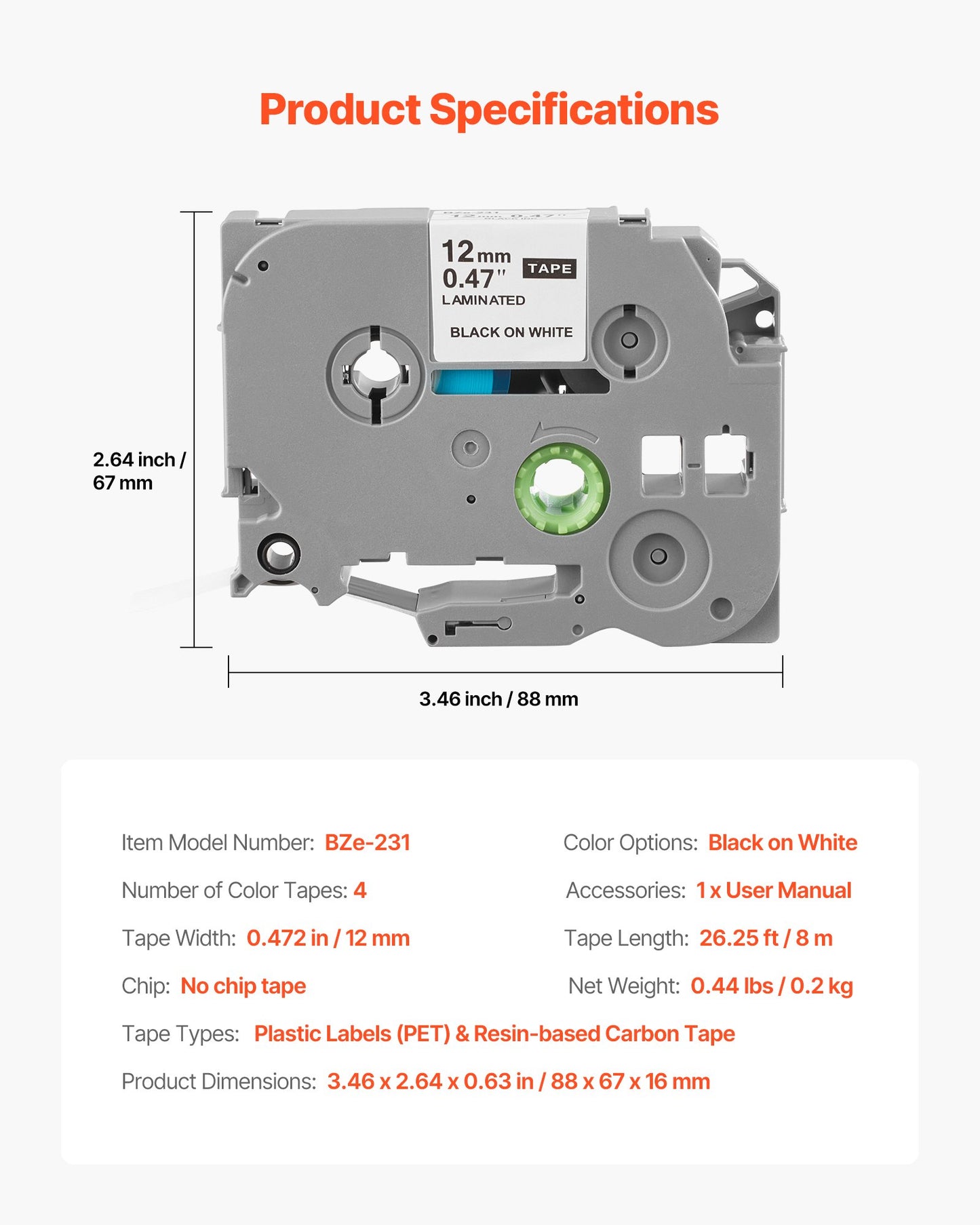 Label Maker Tape, 4 Pack, 0.47 in / 12 mm Black on White Label Maker Refills Compatible for Various Types of Brother P-Touch Labelers, Durable & Long-lasting, Replacement for Letra Tag TZe-231