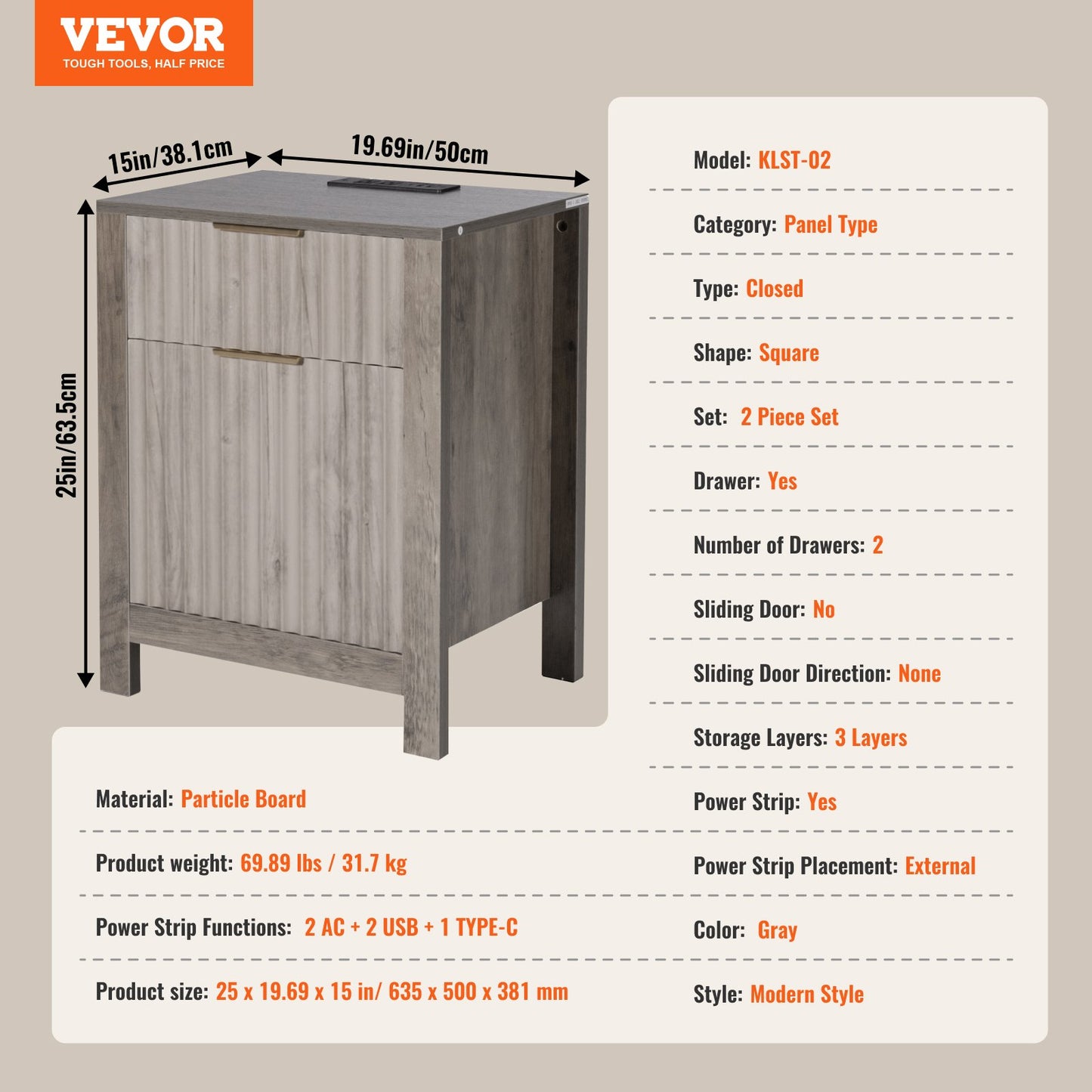 Sidobord i lantligt stil, set om 2, fyrkantigt nattduksbord med USB-portar och uttag, sidobord i 3 våningar, sidobord med förvaringsskåp och 2 lådor, perfekt för vardagsrum, sovrum, kontor, grå