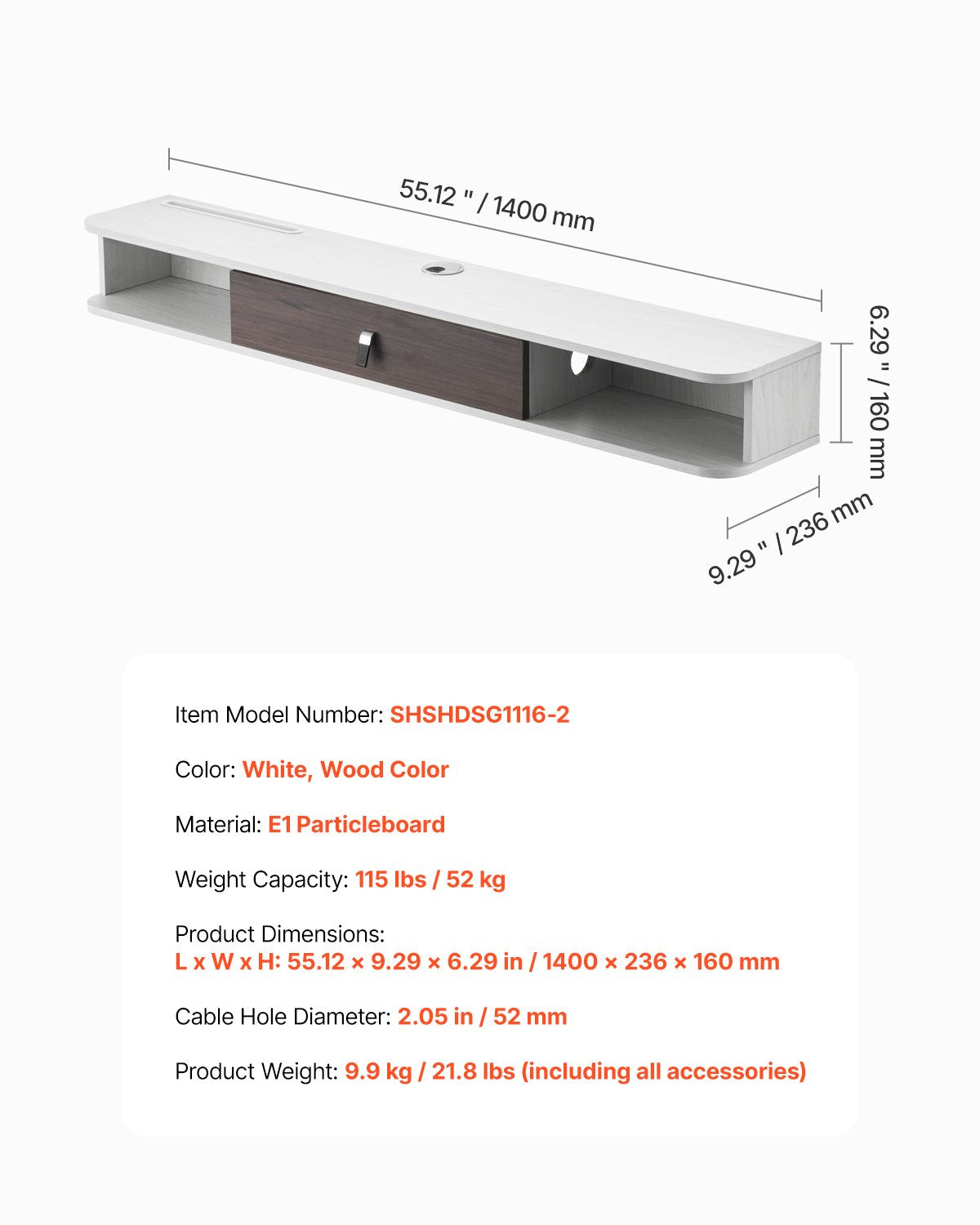 Flytande TV-stativ, 55 tum väggmonterat underhållningscenter med kabelhål, modern flytande TV-hylla med förvaringsskåp, spånskivekonsol för DVD-spelare, kabelbox, spelkonsol, vit