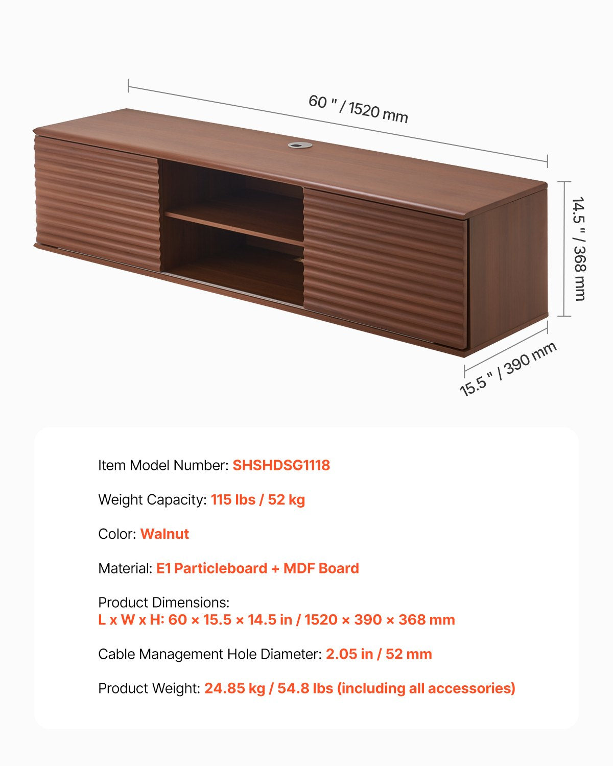 Flytande TV-stativ, 60" väggmonterat underhållningscenter med justerbar hylla och skjutdörrar, 2 nivåer flytande TV-hylla med förvaringsskåp för DVD-spelare, kabel-TV-box, spelkonsol, valnöt