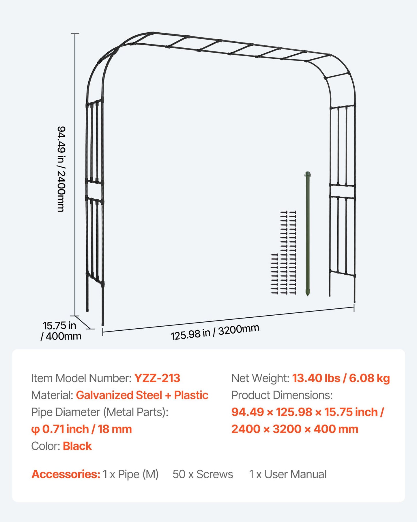 Garden Arbor, 2.4 (H) x 3.2 (W) x 0.4 (D) m Metal Archway, Sturdy Outdoor Trellis Arch with Stakes, Easy to Assemble, Pergola Arbor for Plant Climbing Yard Lawn Wedding Party Decoration