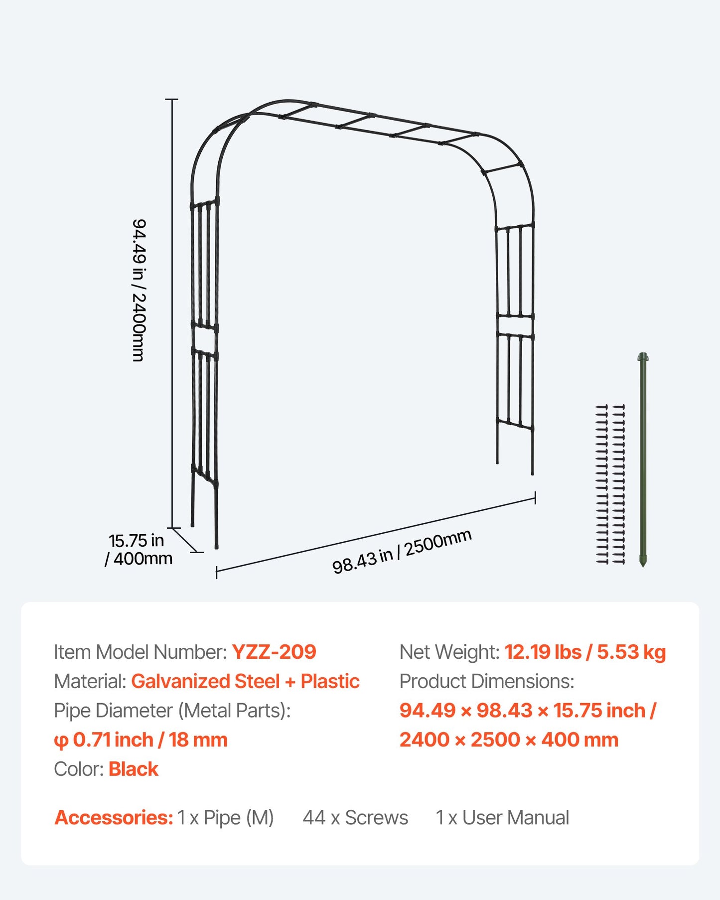 Garden Arbor, 2.4 (H) x 2.5 (W) x 0.4 (D) m Metal Archway, Sturdy Outdoor Trellis Arch with Stakes, Easy to Assemble, Pergola Arbor for Plant Climbing Yard Lawn Wedding Party Decoration