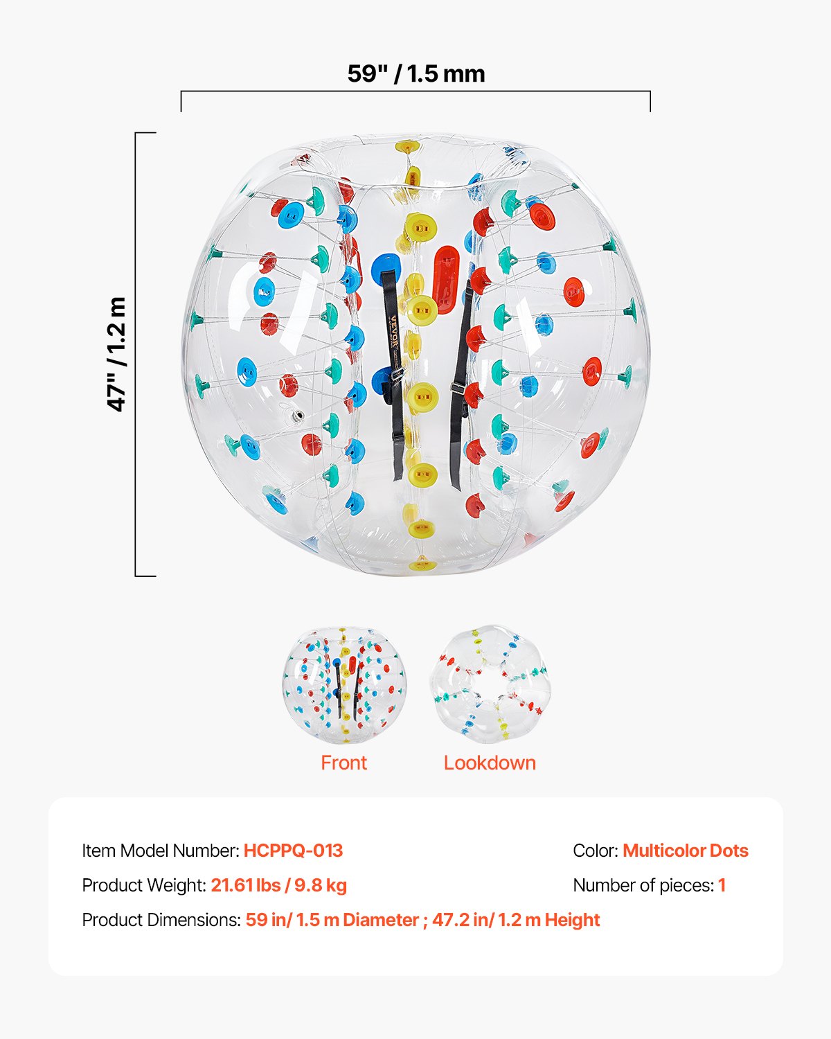 Inflatable Bumper Balls 1-Pack, 5FT/1.5M Body Sumo Zorb Ball, 0.8mm Thick PVC Human Hamster Bubble Knocker for Outdoor Sports Team Gaming Play, Bopper Toy for Garden Yard Park, Multicolor