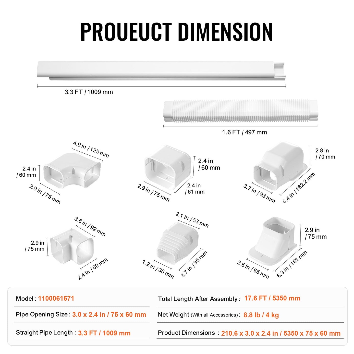 Mini Split Line Set Cover 76.2mm W 5350mm L, PVC Decorative Pipe Line Cover For Air Conditioner with 4 Straight Ducts & Full Components Easy to Install, Paintable for Heat Pumps, White
