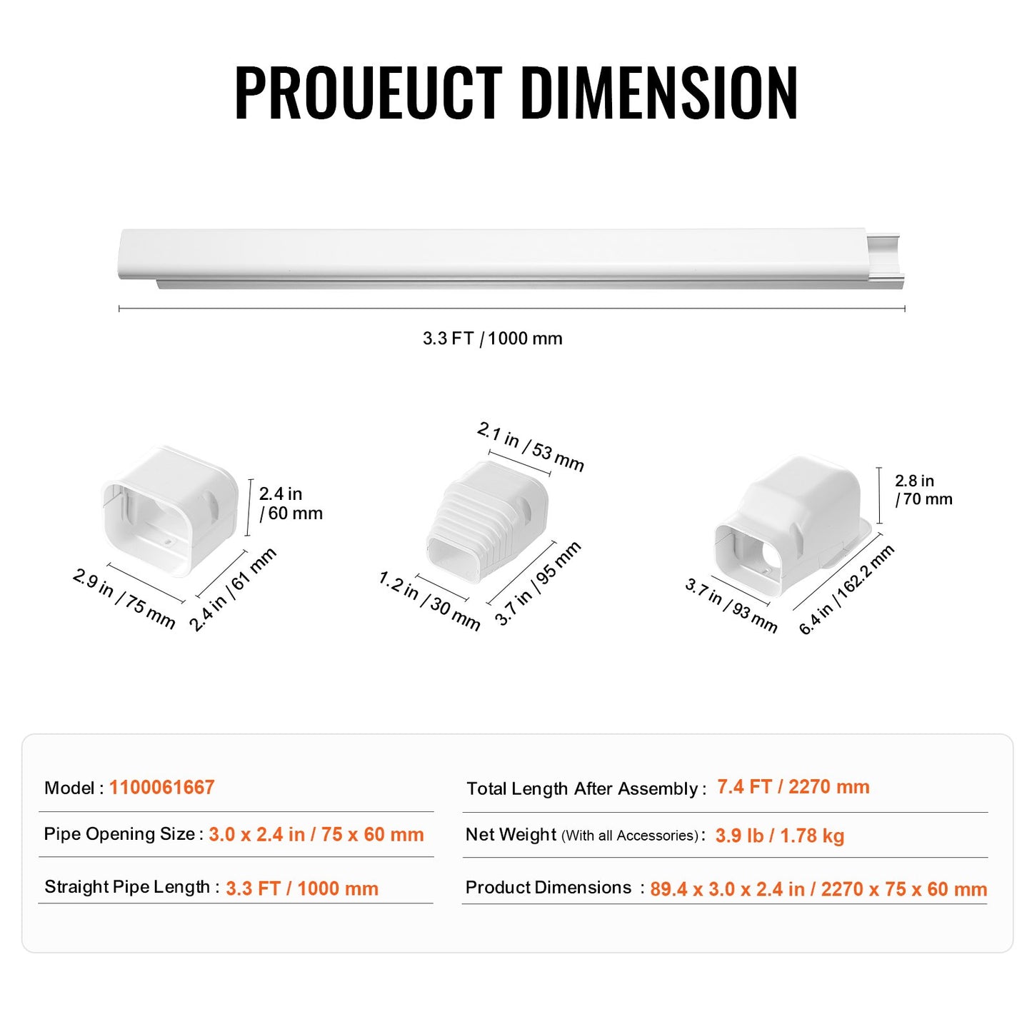 Mini Split Line Set Cover 76.2mm W 2270mm L, PVC Decorative Pipe Line Cover For Air Conditioner with 2 Straight Ducts & Full Components Easy to Install, Paintable for Heat Pumps, White