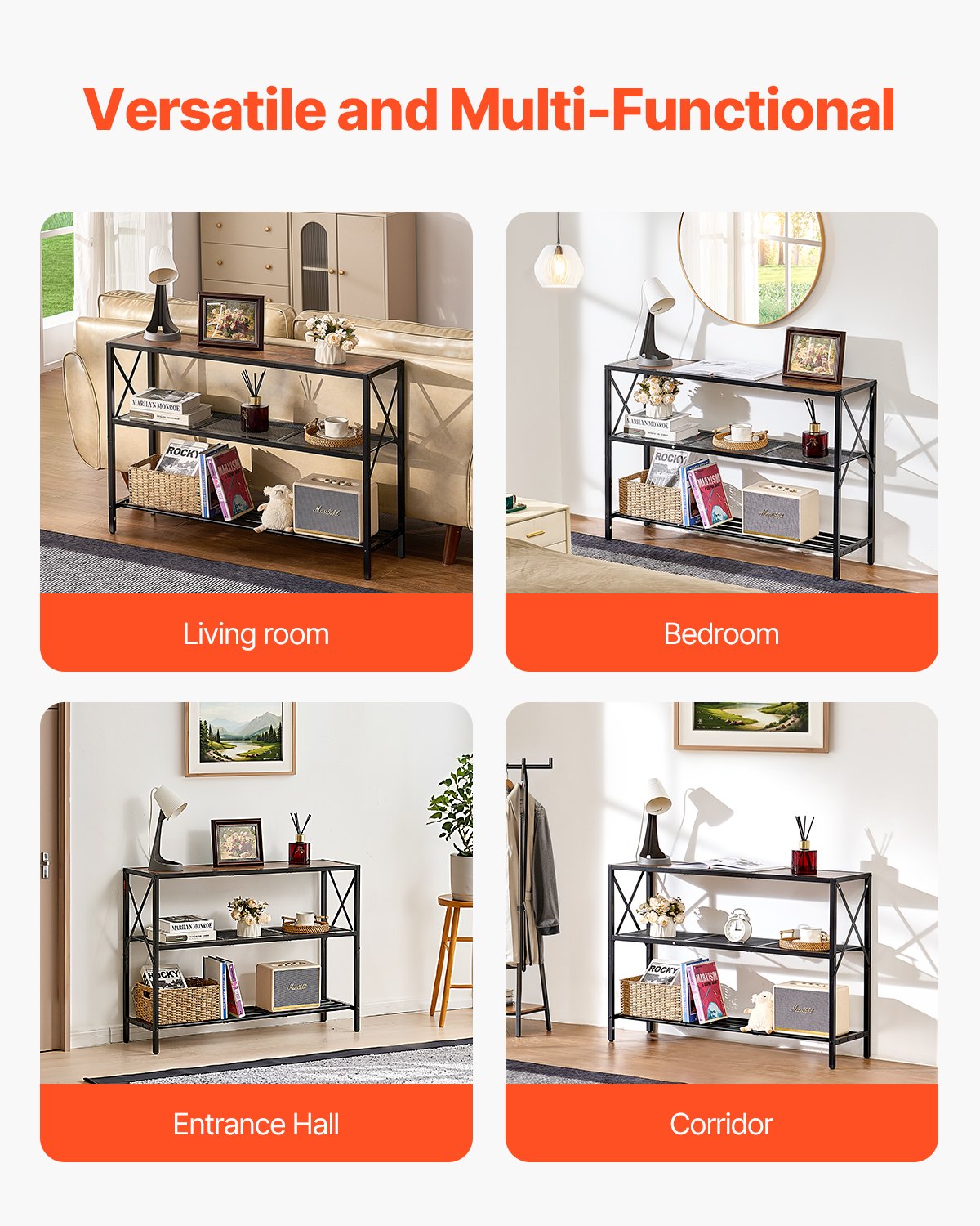 Smalt konsolsoffbord, 104 cm bakom soffbordet, långt entrébord i 3 våningar och smalt hallbord, smalt soffbord med metallram, för entré, hall, vardagsrum och sovrum