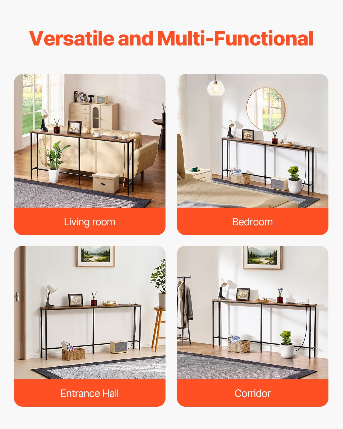 Narrow Console Sofa Table, 70.9” Behind Couch Table with Power Outlets, 1-Tier Long Entryway Table, Narrow Sofa Table with Metal Frame and Charge Station, for Entryway, Hallway, Living Room