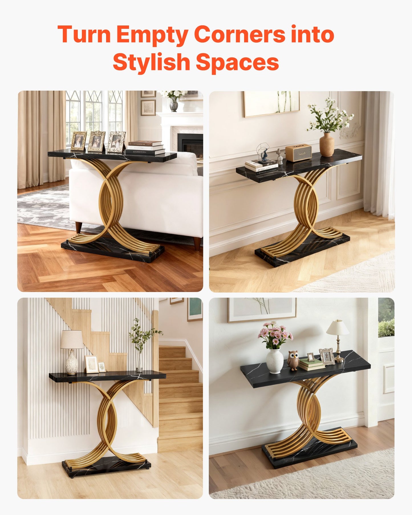 100 cm Gold Console Table, Modern Desk Behind the Couch, Wood Rectangle Entrance Desk, Narrow Long Sofa Table Accent Stand with Metal Legs for Hallway, Bedroom, Living Room, Foyer, Easy Assembly