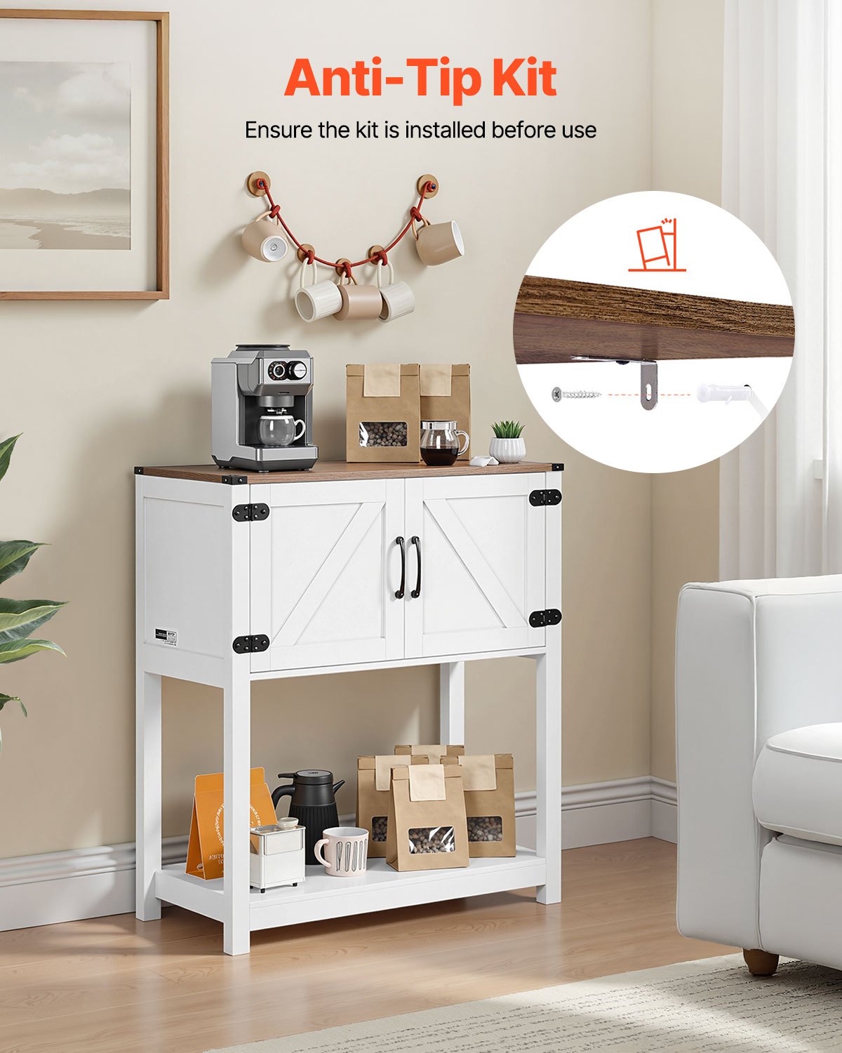 Coffee Bar Cabinet, 31.5 x 13.8 x 34.6 in Farmhouse Coffee Bar Cabinet with 3-Tier Storage, Coffee Bar Table with Magnet Doors, Farmhouse Sideboard Buffet Cabinet for Living Room, Entryway