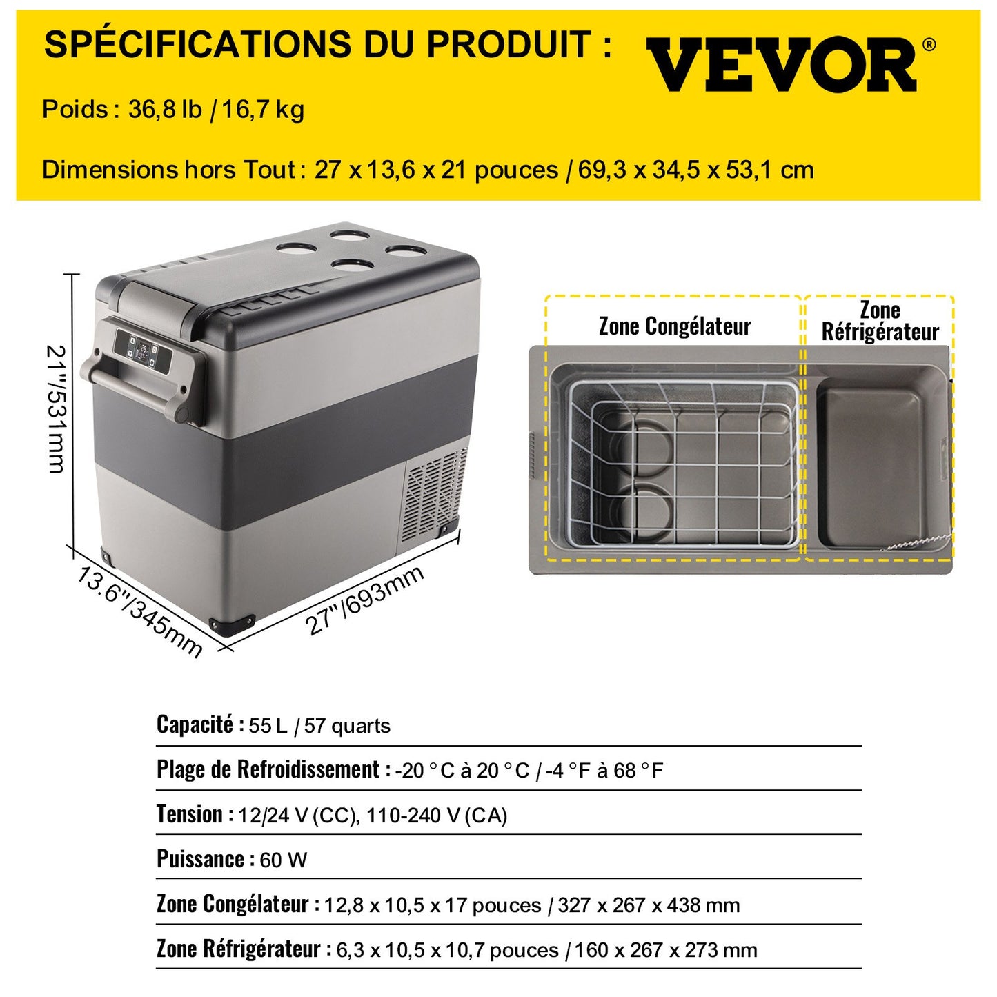 Bilkylskåp 55L Kompressor Bärbar Liten Kylskåp Bilkylskåp Frys Fordon Bil Lastbil Husbil Båt Mini Elektrisk Kylare För Körning Resor Fiske Utomhus och Hemmabruk