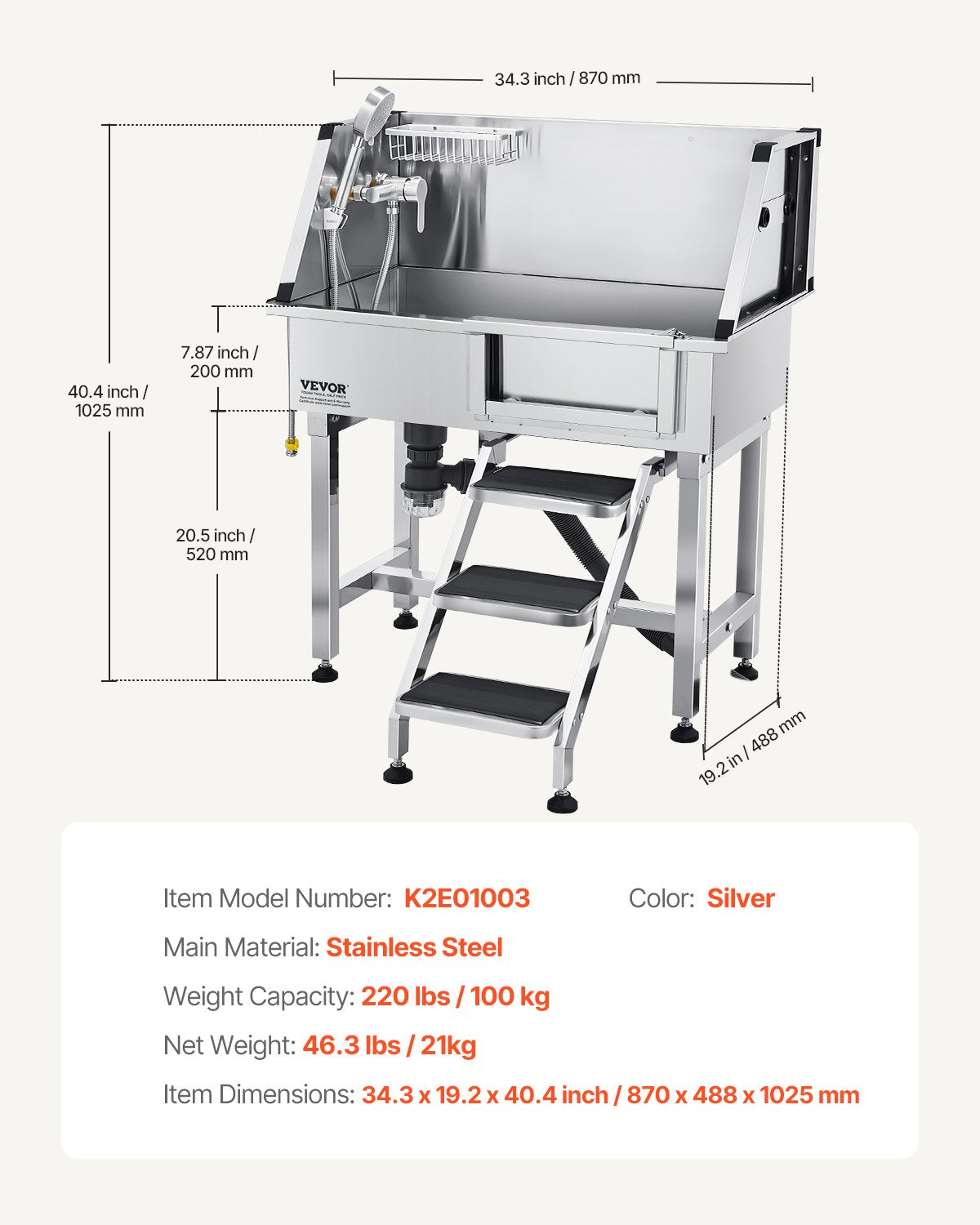 86,4 cm tvättstation i rostfritt stål för hundar, badkar för husdjur med varm- och kallvattenkran, duschmunstycke, handfat för hemmabruk, passar små katter och hundar, halkfri trappa (höger dörr)