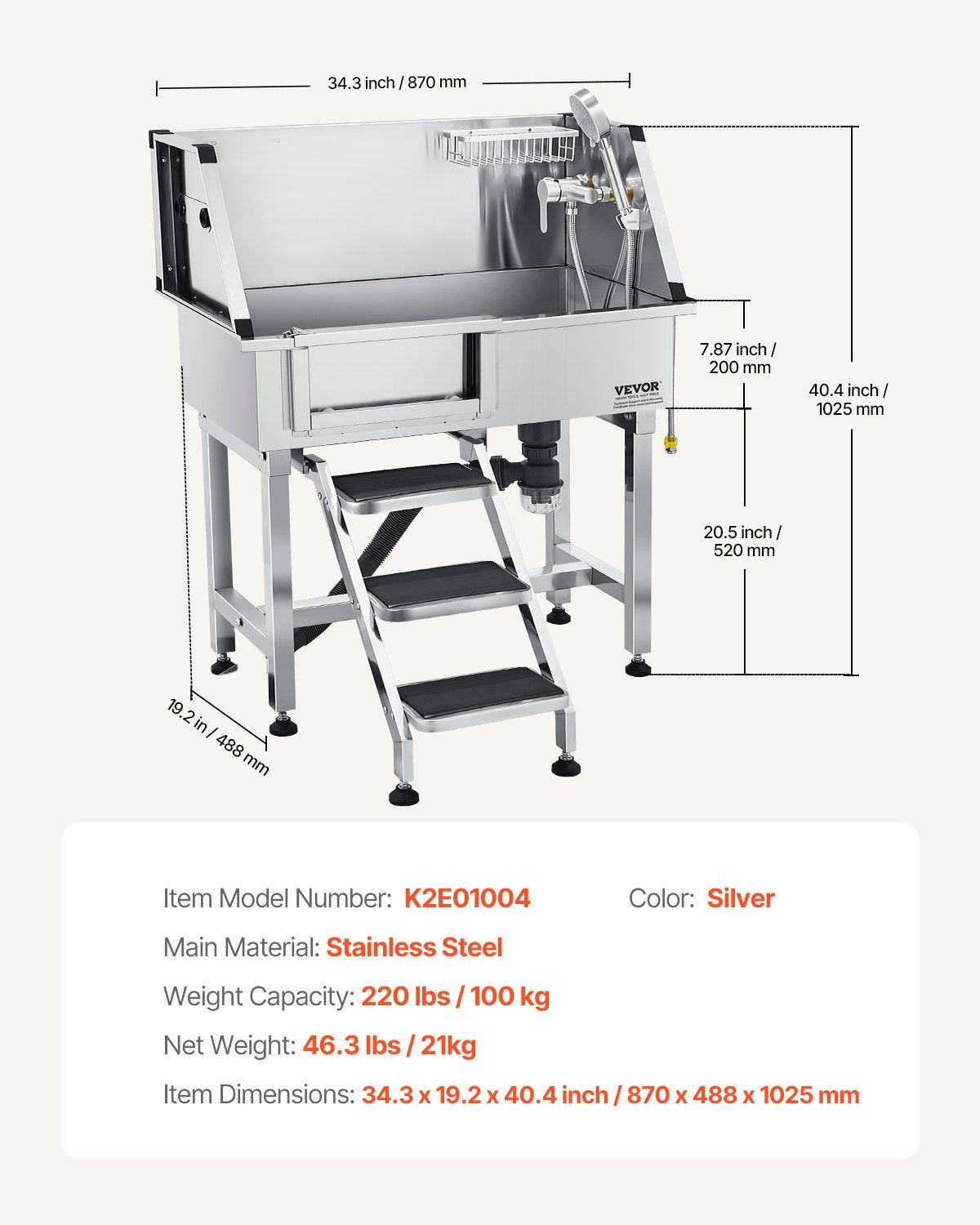 86,4 cm tvättstation i rostfritt stål för hundar, badkar för husdjur med varm- och kallvattenkran, duschmunstycke, handfat för hemmabruk, passar små katter och hundar, halkfri trappa (vänster dörr)
