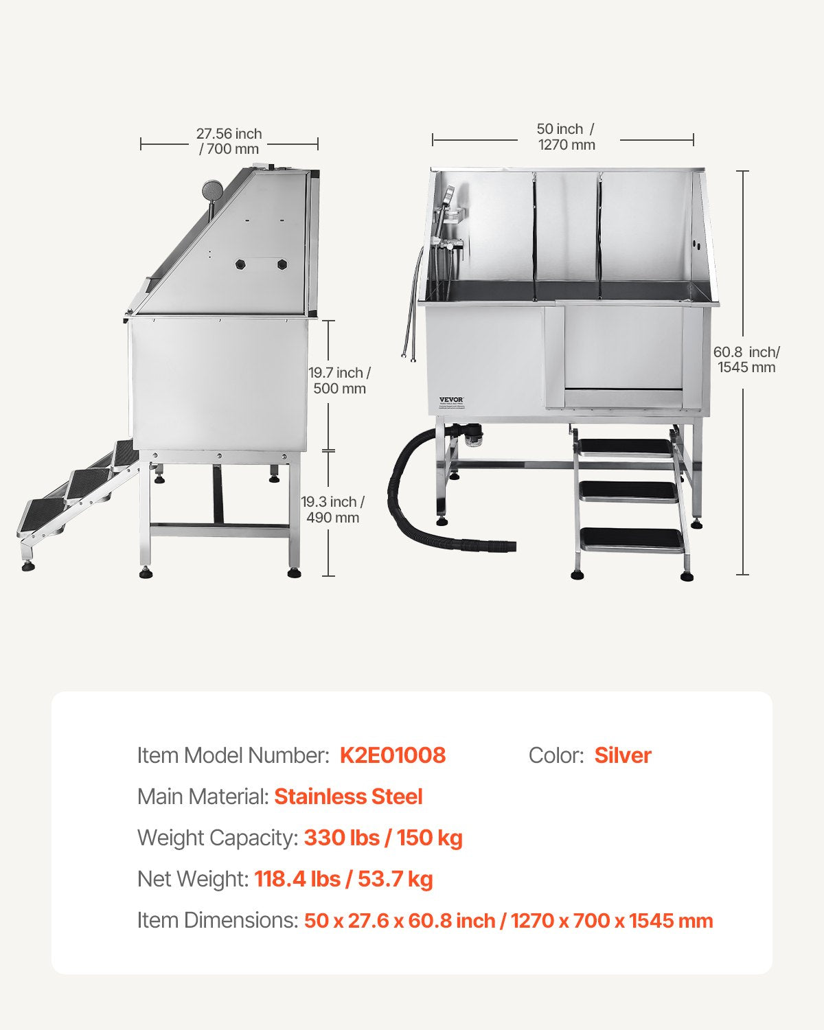 Stainless Steel Dog Washing Station, 127 cm Pet Grooming Tub w/ Stairs, PE Water Filter Board, Faucet & Showerhead & Soap Holder Dog Bathtub for Large & Medium & Small Pets (Right Door)