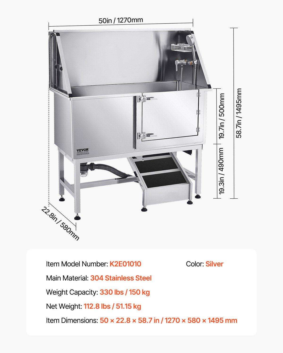 Hundtvättstation i rostfritt stål, 127 cm husdjursbadkar med ramp, PE-vattenfilterbräda, kran och duschmunstycke samt tvålhållare. Hundbadkar för stora, medelstora och små husdjur (höger dörr)