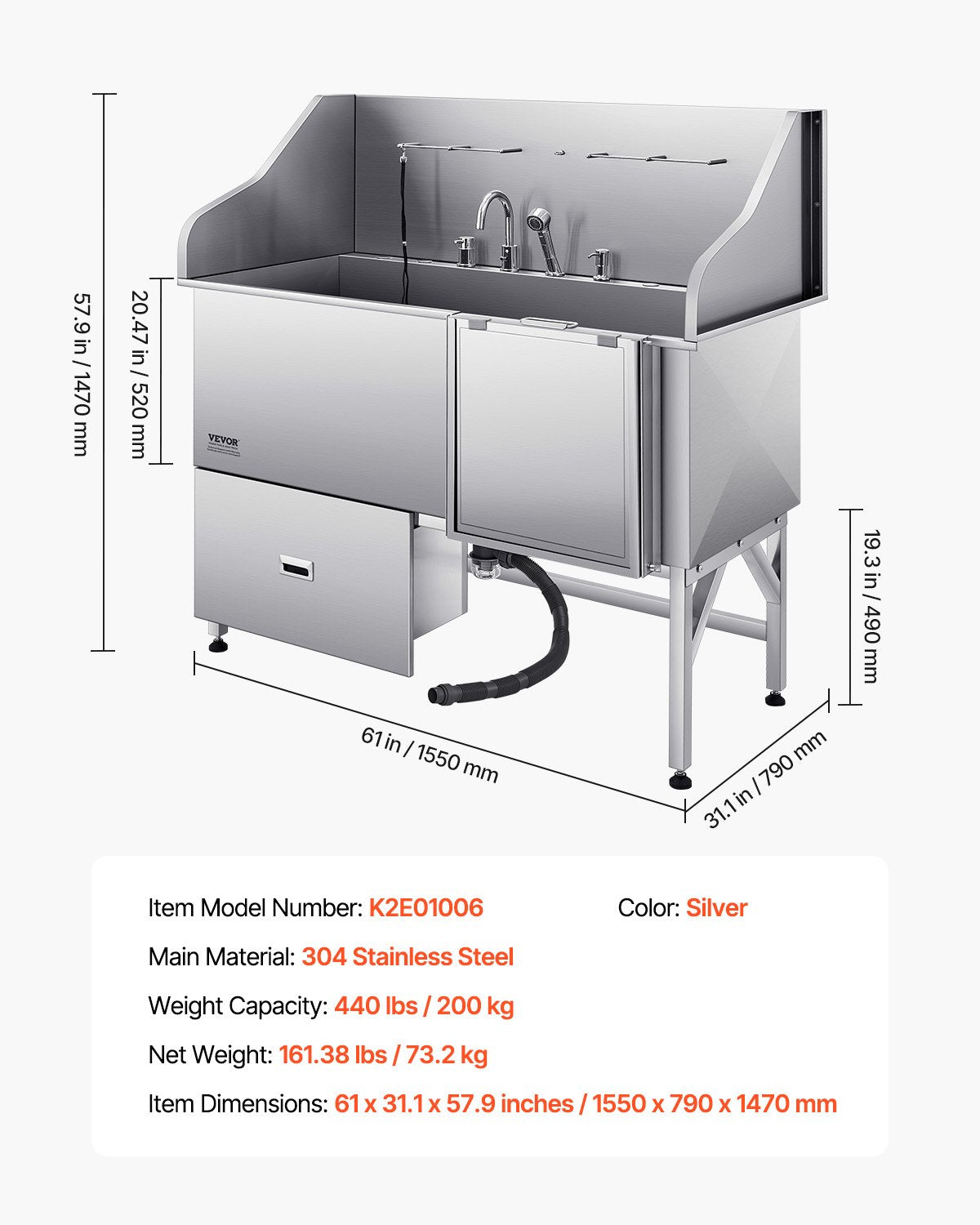 304 Stainless Steel Dog Washing Station, 154.9 cm Pet Grooming Tub with Non-Slip Low-Slope Ramp, Storage Drawer, Hot & Cold Faucet, All-in-One Bath for Grooming Shop, Fits All Sizes (Right Door)