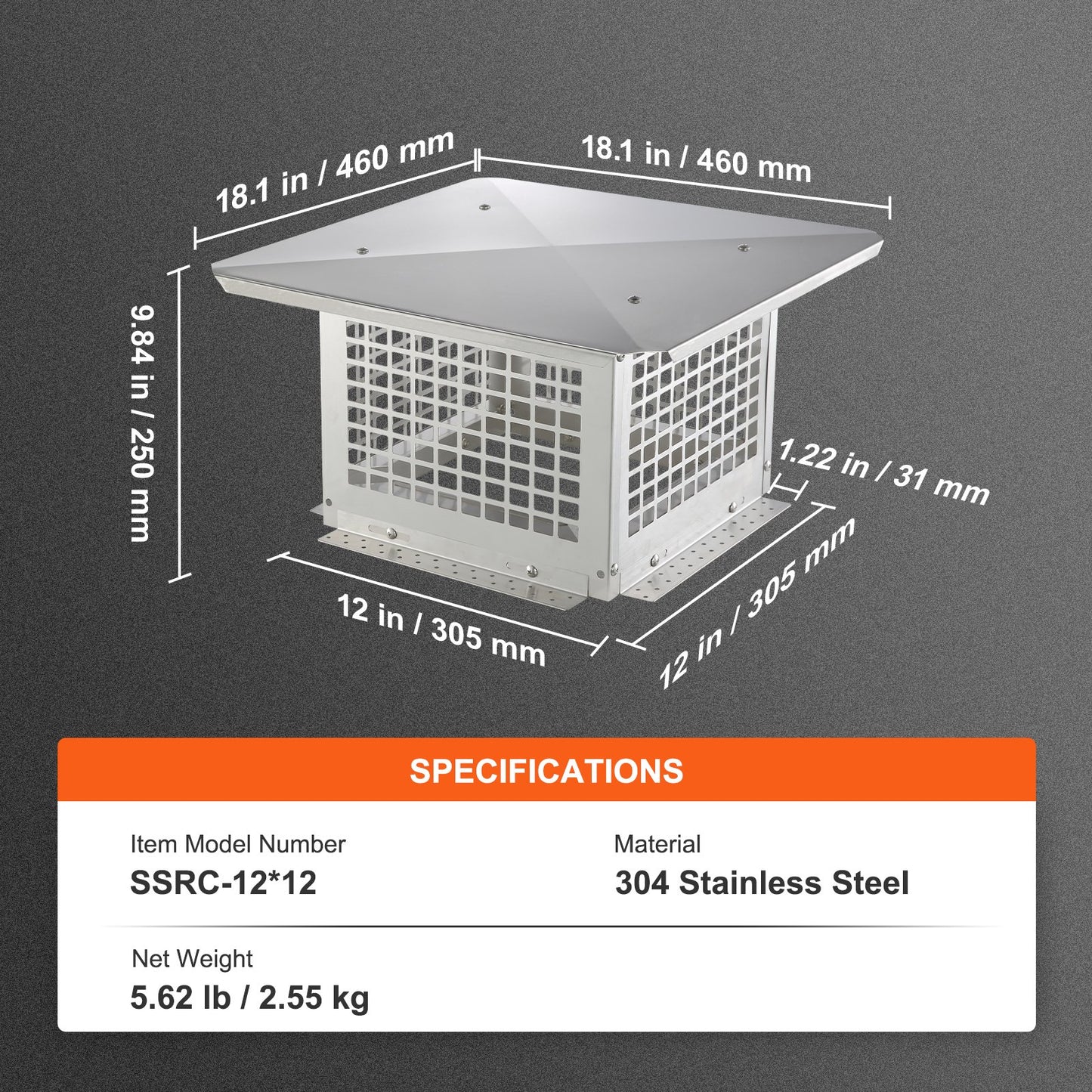 Chimney Cap 304.8 x 304.8mm, 304 Stainless Steel Fireplace Chimney Cover, Not Easily Toppled & Practical Accessories & Easy Installation, Fits Mesh Flue Covers Outside Clay Flue Shingles, Silver