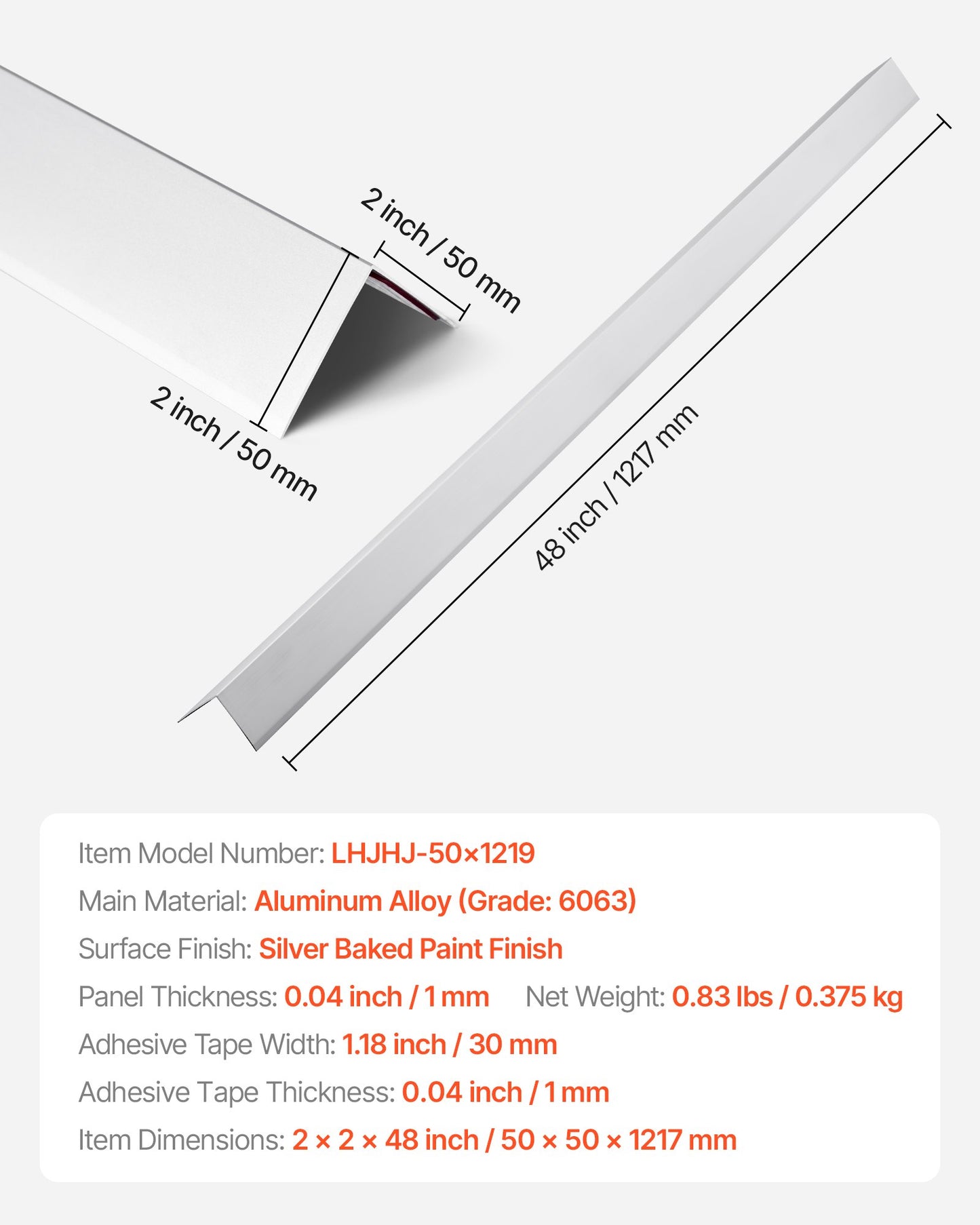 Vägghörnskydd i aluminiumlegering, 50 x 50 x 1217 mm, 12-pack metallhörnskydd, kantskydd 90-graders vinkel L-form för hem, kontor, kommersiella väggskydd, med 3 m tejp