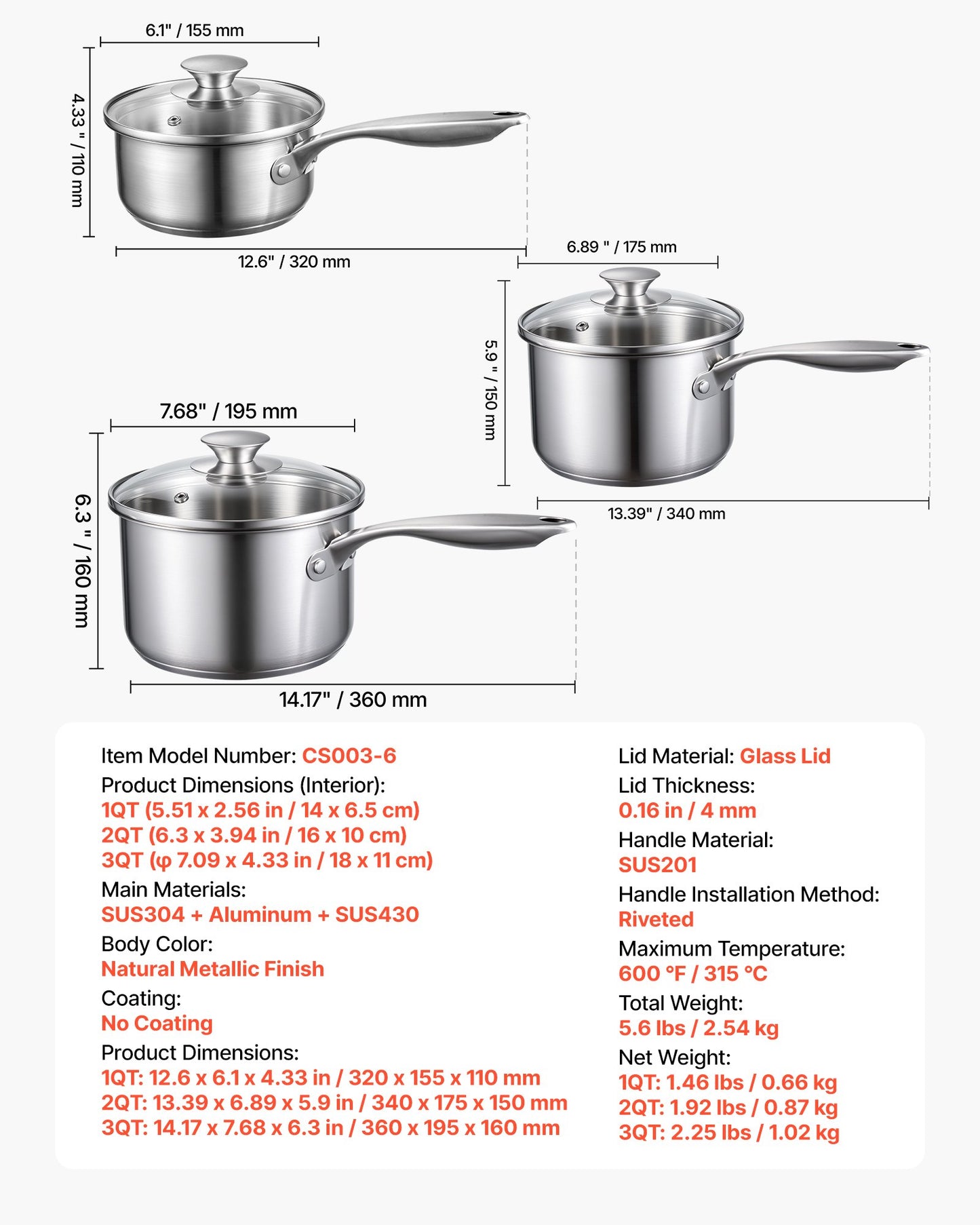 Kastrullset i rostfritt stål, 1 QT & 2 QT & 3 QT kastruller med glaslock, mångsidig nonstick-beläggningsgryta i rostfritt stål med ergonomiskt handtag, lämplig för ugn, diskmaskin, induktionshäll