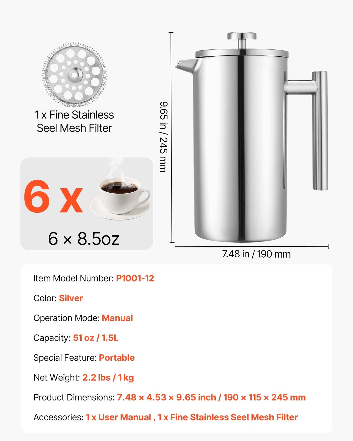French Press Coffee Maker, 1.5 Liter Stainless Steel Coffee Press Tea Maker with Filter, Large Double Wall Insulated French Presses Cold Brew for Camping Travel Home Kitchen, Silver
