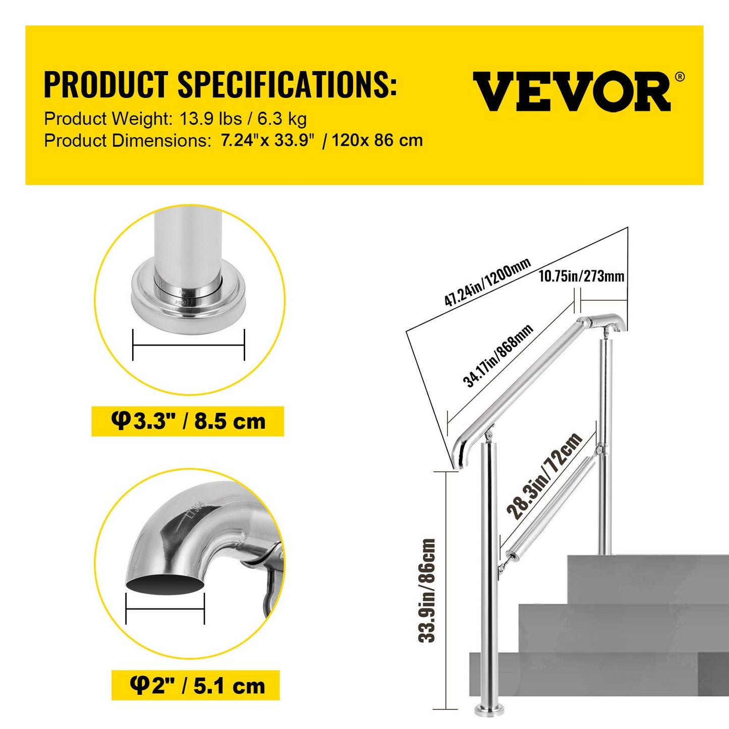 3 Step Railing Stainless Steel Transitional Handrail fit for Level Surface and 1 to 3 Steps Adjustable Stair Railing Indoor Outdoor Step Railings 99.8 kg Capacity W/ Installation Kit Porch DIY