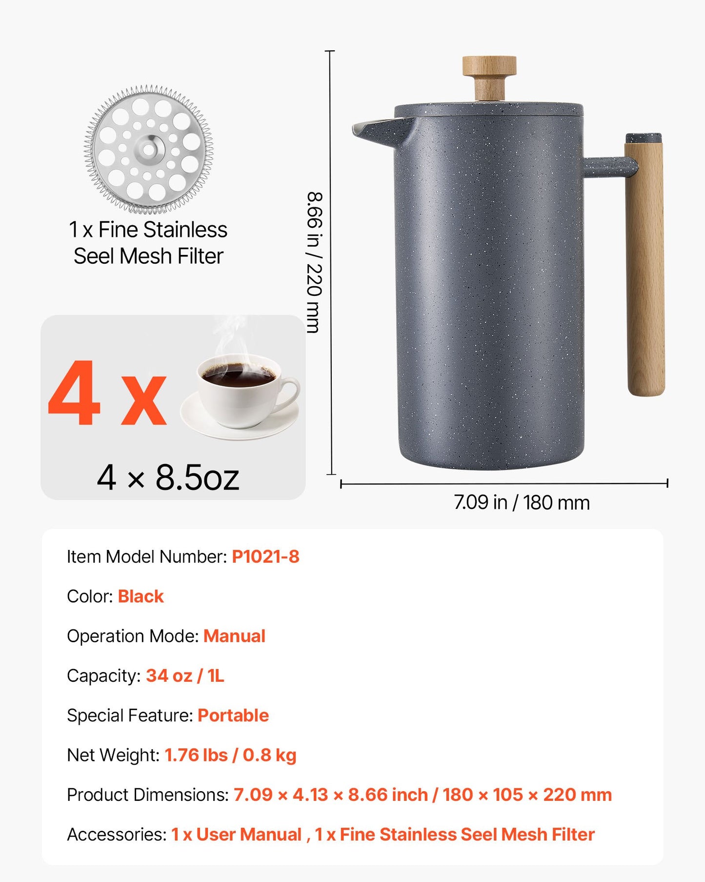 French Press Coffee Maker, 1 Liter Stainless Steel Coffee Press Tea Maker with Filter, Large Double Wall Insulated French Presses Cold Brew for Camping Travel Home Kitchen, Black