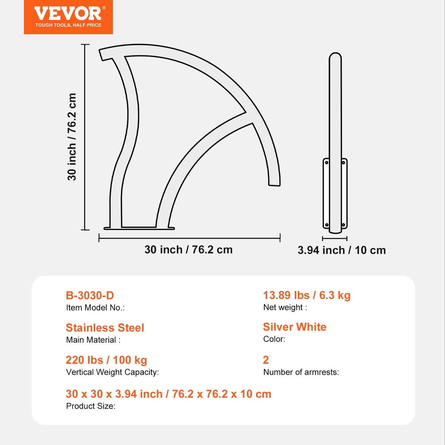 Pool Handrail, 2 PCS 30x30 in Pool Railing, Stainless Steel with Base Plate for Indoor/Outdoor Pools,Swimming Pool Safety Railing for Decks,Rust-Proof Grab Bar w/ Grip Cover&Accessories for Spas