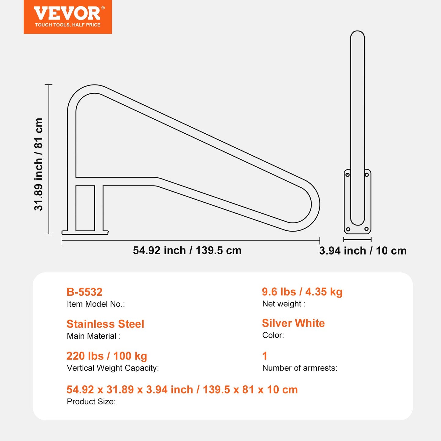 Pool Handrail, 55 x 32 inch Pool Railing, Stainless Steel with Base Plate for Indoor/Outdoor Pools,Swimming Pool Safety Railing for Decks,Rust-Proof Grab Bar w/ Grip Cover&Accessories for Spas