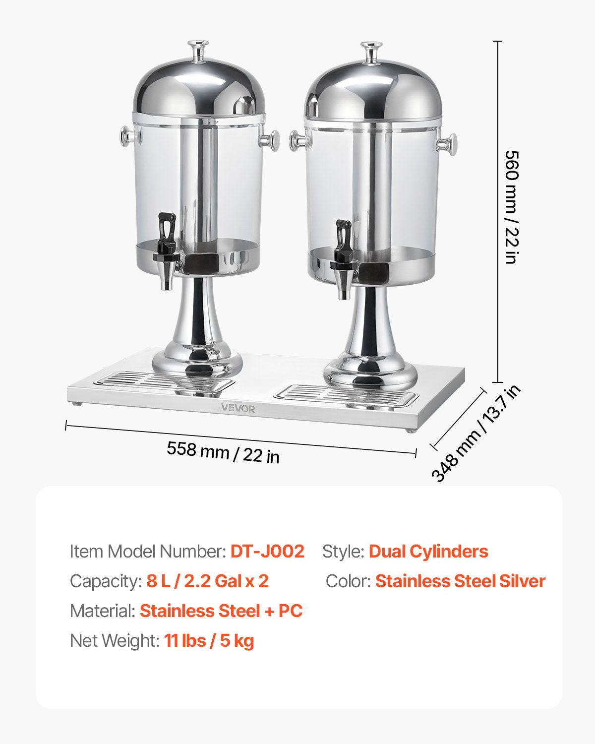 Beverage Dispenser, 8L x 2 Drink Dispenser for Parties, Stainless Steel + Plastic Juice Dispensers with Spigot Ice Chamber Tray, Iced Tea Lemonade Dispensers, for Restaurants, Hotels