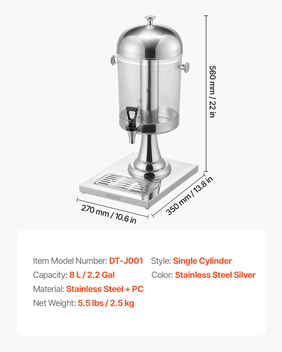 Dryckesdispenser, 8L dryckesdispenser för fester, juicedispensrar i rostfritt stål + plast med kran och isbricka, iste-citronjuicedispensrar, för restauranger, hotell