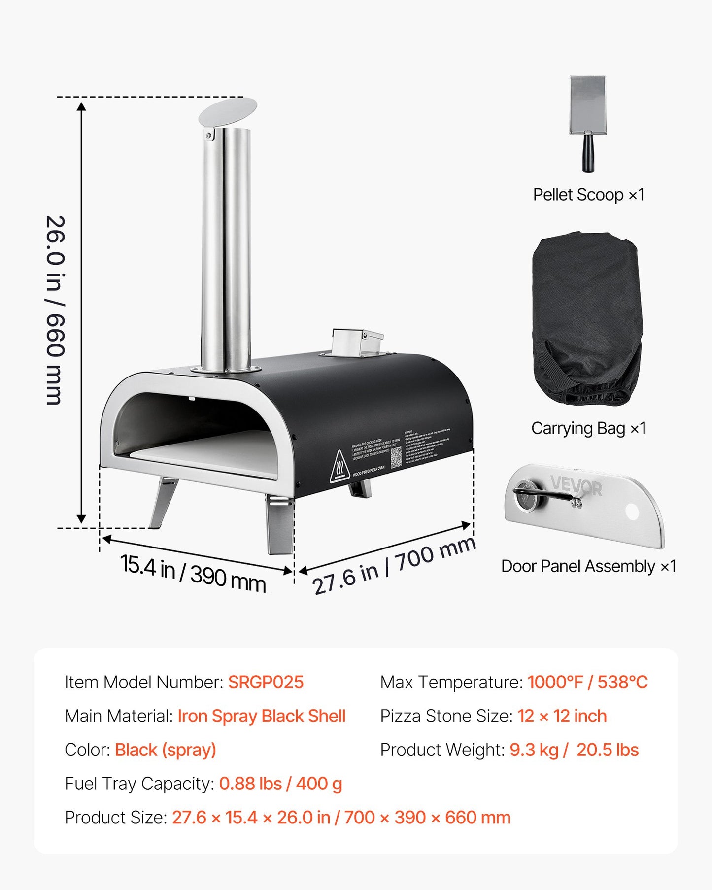 Utomhuspizzaugn, 12 tums vedeldad pizzaugn, pelletspizzaugn med termometer, bärbar pizzamaskin för utomhuscamping, bakgård, uteplats, pizzasten, bärväska, spade, svart