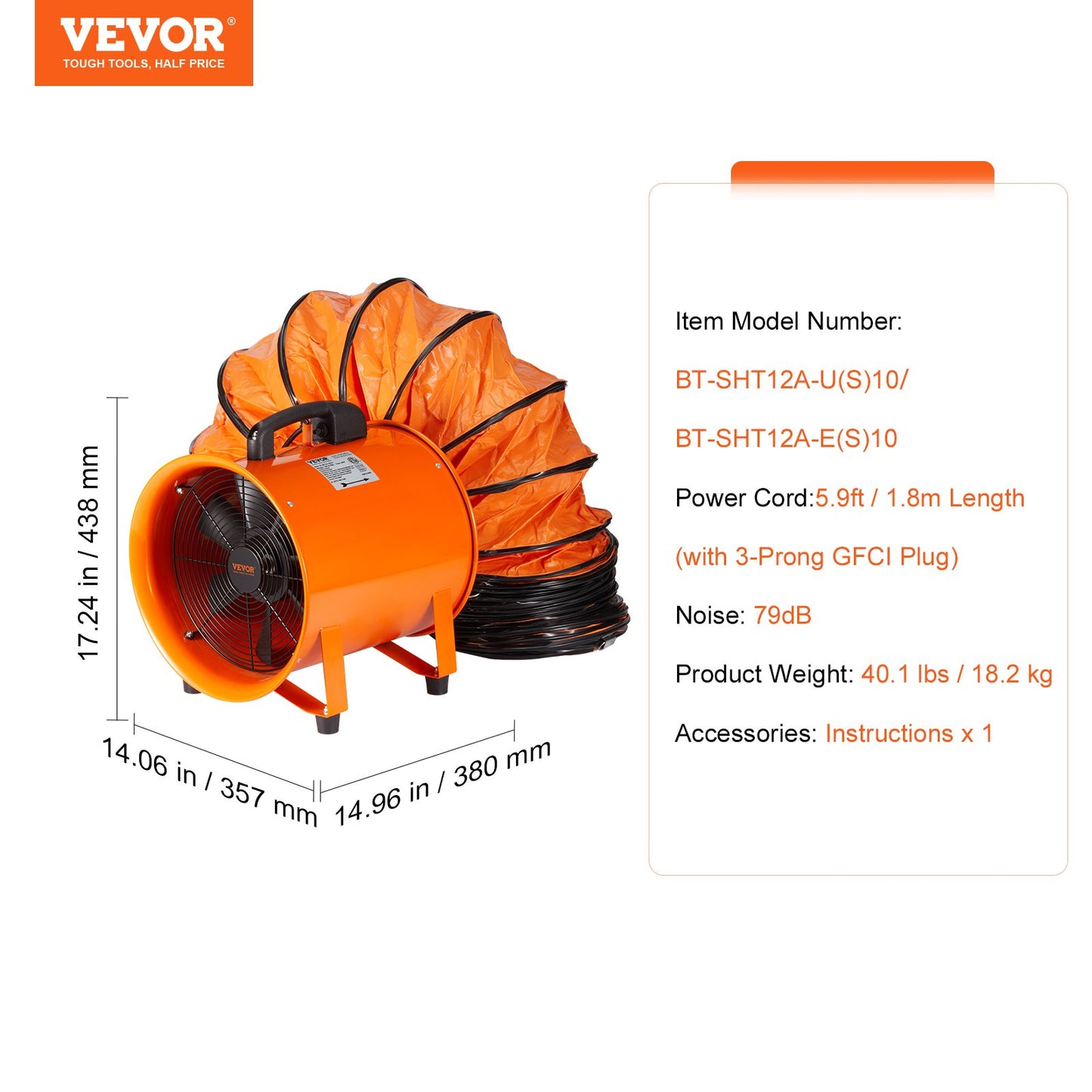 Portable Ventilator, 304.8mm Heavy Duty Cylinder Fan with 10m Duct Hose, 367W Strong Shop Exhaust Blower 2574CFM, Industrial Utility Blower for Sucking Dust, Smoke, Smoke Home/Workplace