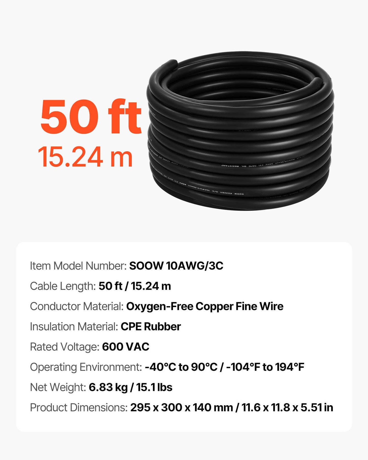 50 FT(15.24 m) 10AWG (6 mm²) Premium Electrical Power Cable Copper Extension Cord Wire