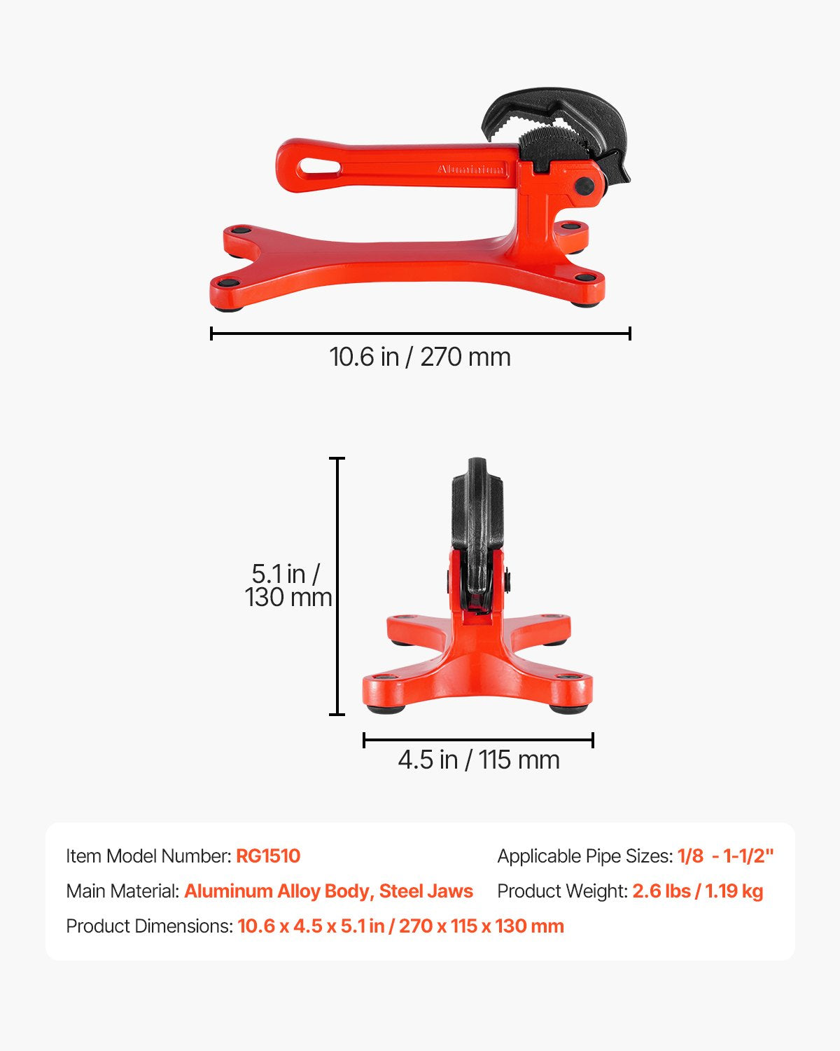 Bärbart rörskruvstycke, lätt rörskruvstycke i aluminium med klämkapacitet på 1/8" till 1-1/2", perfekt för VVS-installation, reparation och underhåll på plats