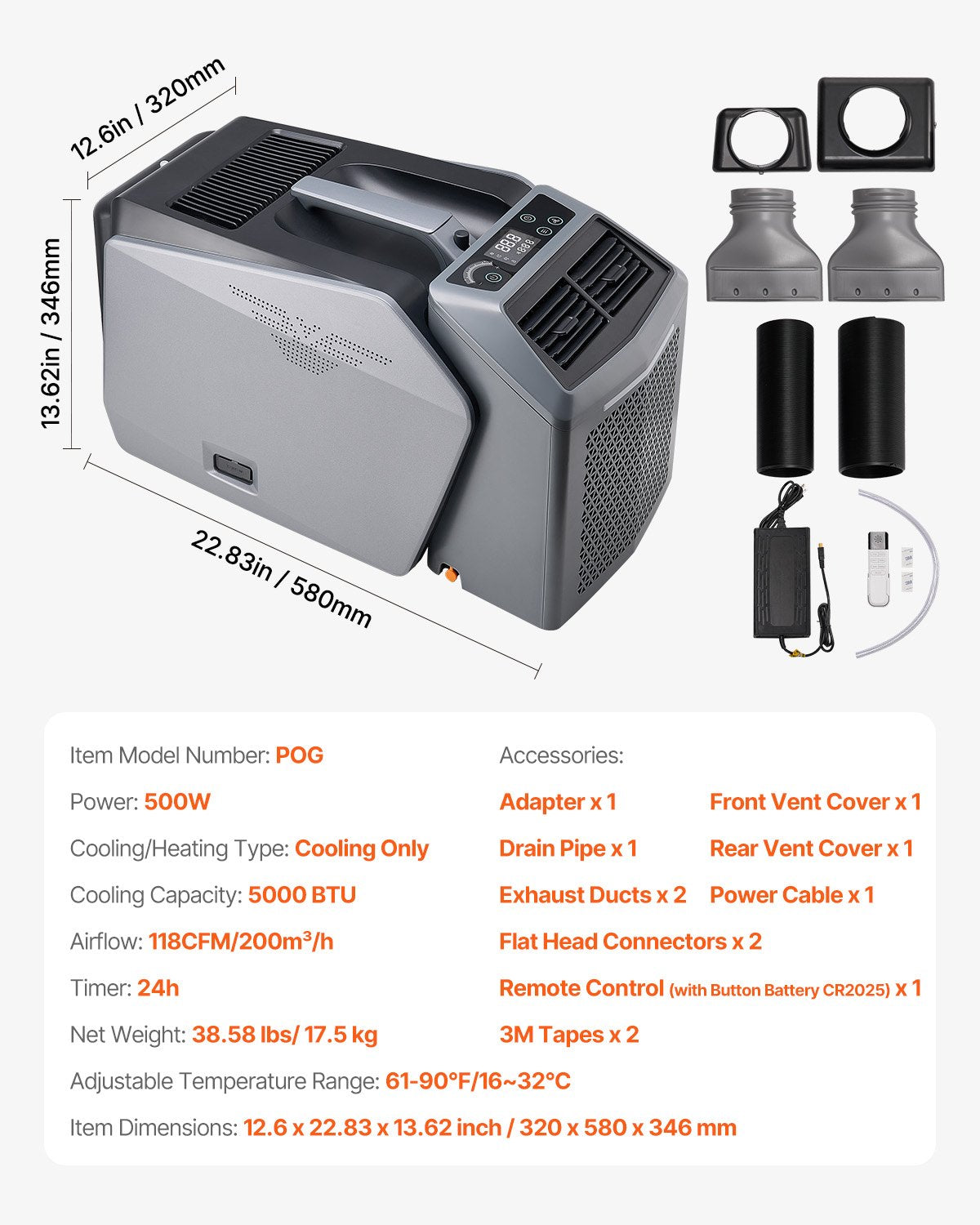 Portable Air Conditioner, 5000 BTU 3-Speed Air Conditioning Unit with 24H Timer, Air Portable AC Adjustable from 16-32℃, Compatible with AC/DC for Outdoor Tent Camping, RVs or Home Use, Grey