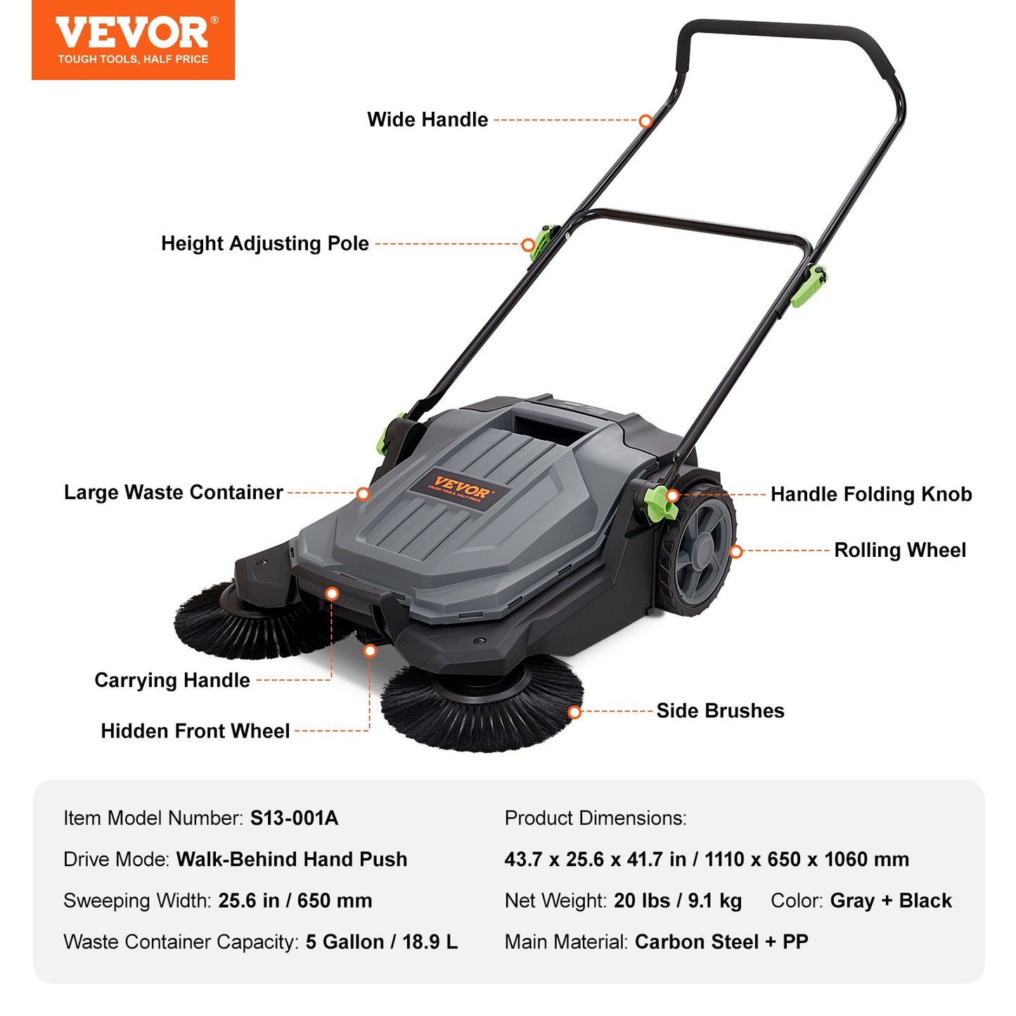 Walk-behind Hand Push Floor Sweeper, 65 cm Sweeping Width Floor Sweeper Manual Non-Electric, 18.9-Liter Waste Container, Angle & Height Adjustable Folding Handle for Walkway, Yard, Garage, Patio