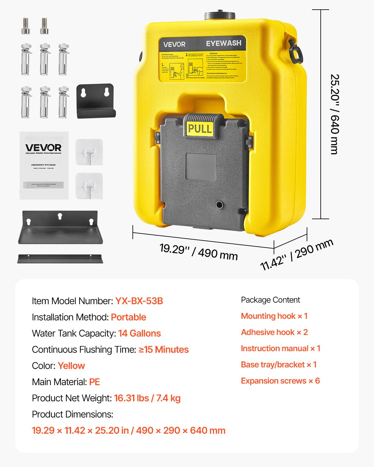 Bärbar ögonspolningsstation 53 l/14 gal, OSHA-godkänd ögonspolningsstation väggmonterad/på plan yta, ögonspolningsenhet för nödsituationer med 2 sprayningar, ögonspolningsenheter för första hjälpen för skolor, laboratorier, fabriker, gul