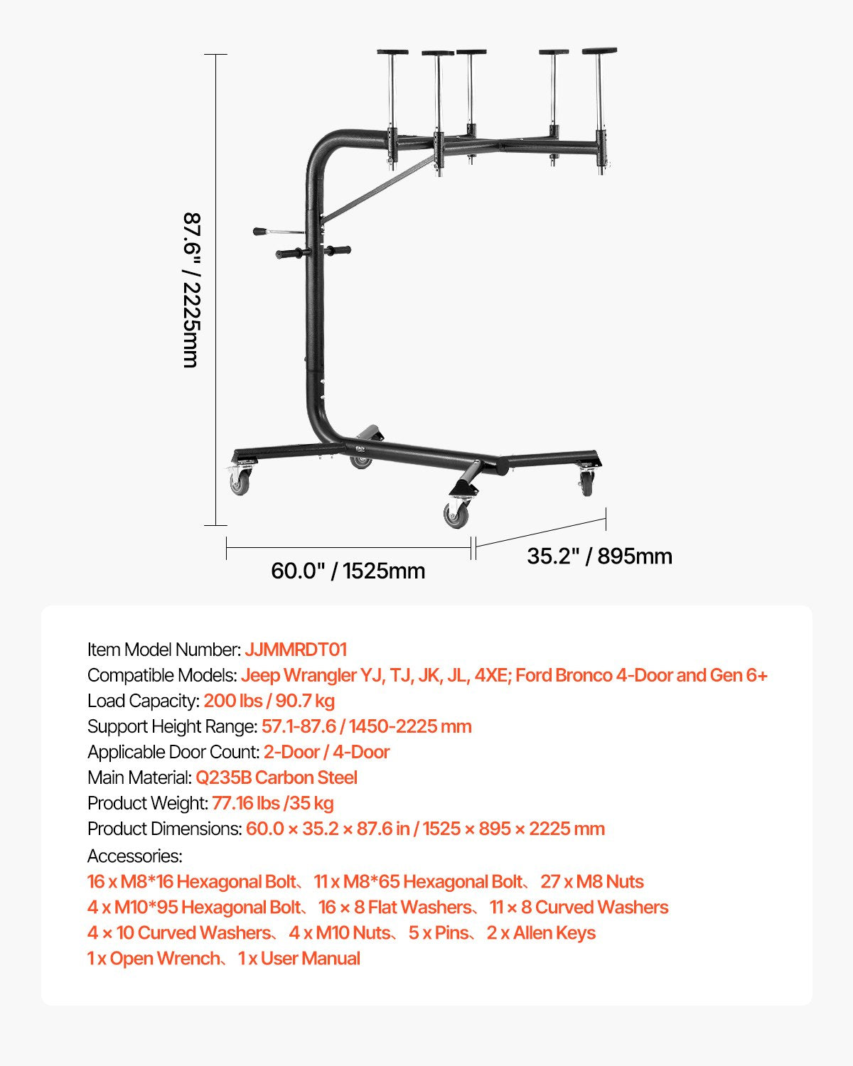 Hard Top Remover Lift, 200 lbs, Jeep Hardtop Removal and Storage System, Easy One-Person Operation, Compatible with Jeep Wranglers 2 & 4 Door YJ, TJ, JK, JL & 4XE and Ford Bronco 4 Door & 6 Gen+