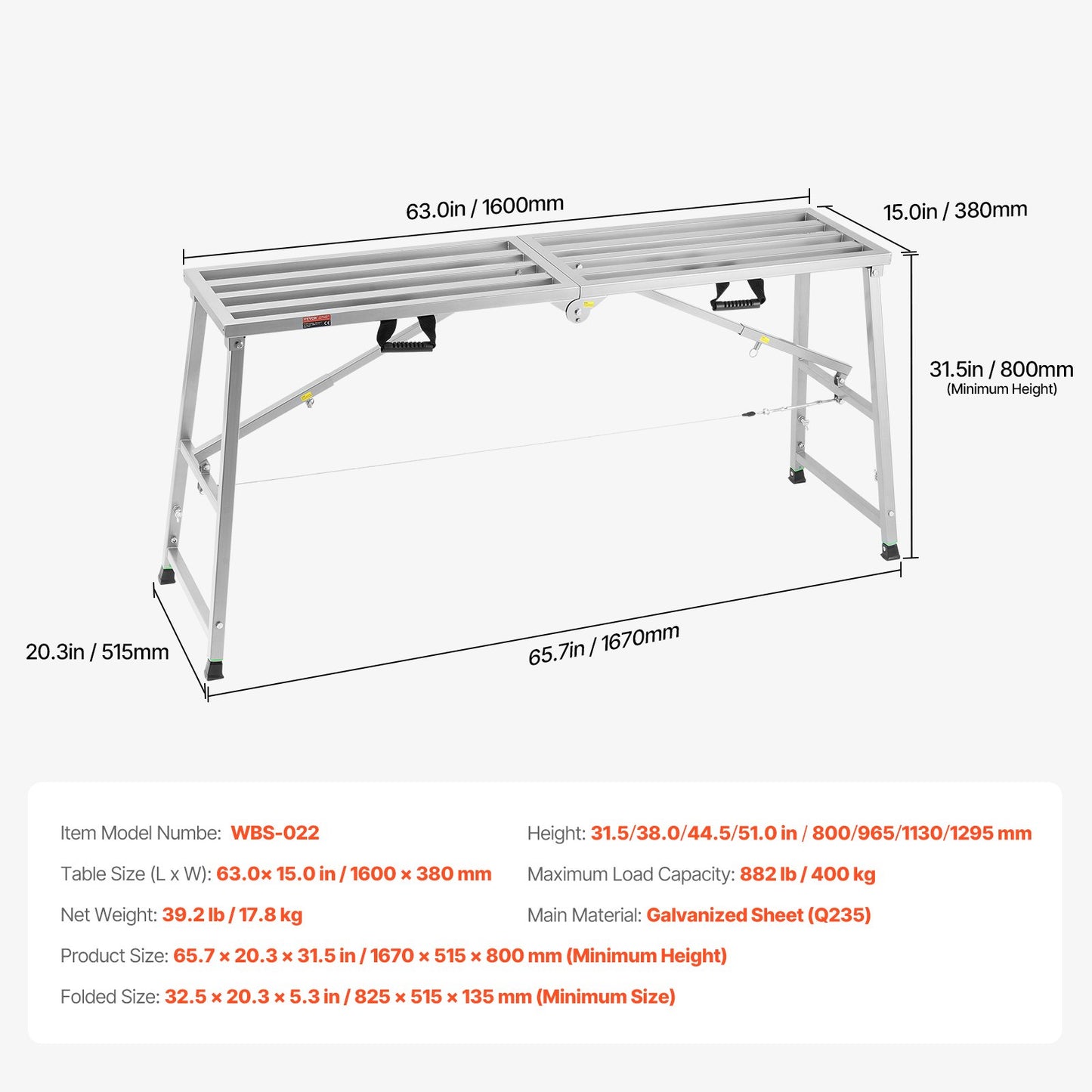 Work Platform, 4 Gear Adjustable Height, Folding Alloy Steel Step Ladder, Portable Scaffolding Platform, 800 lb Load Capacity, Non-Slip Rubber Feet, Drywall Painting Stool, Cleaning & Washing