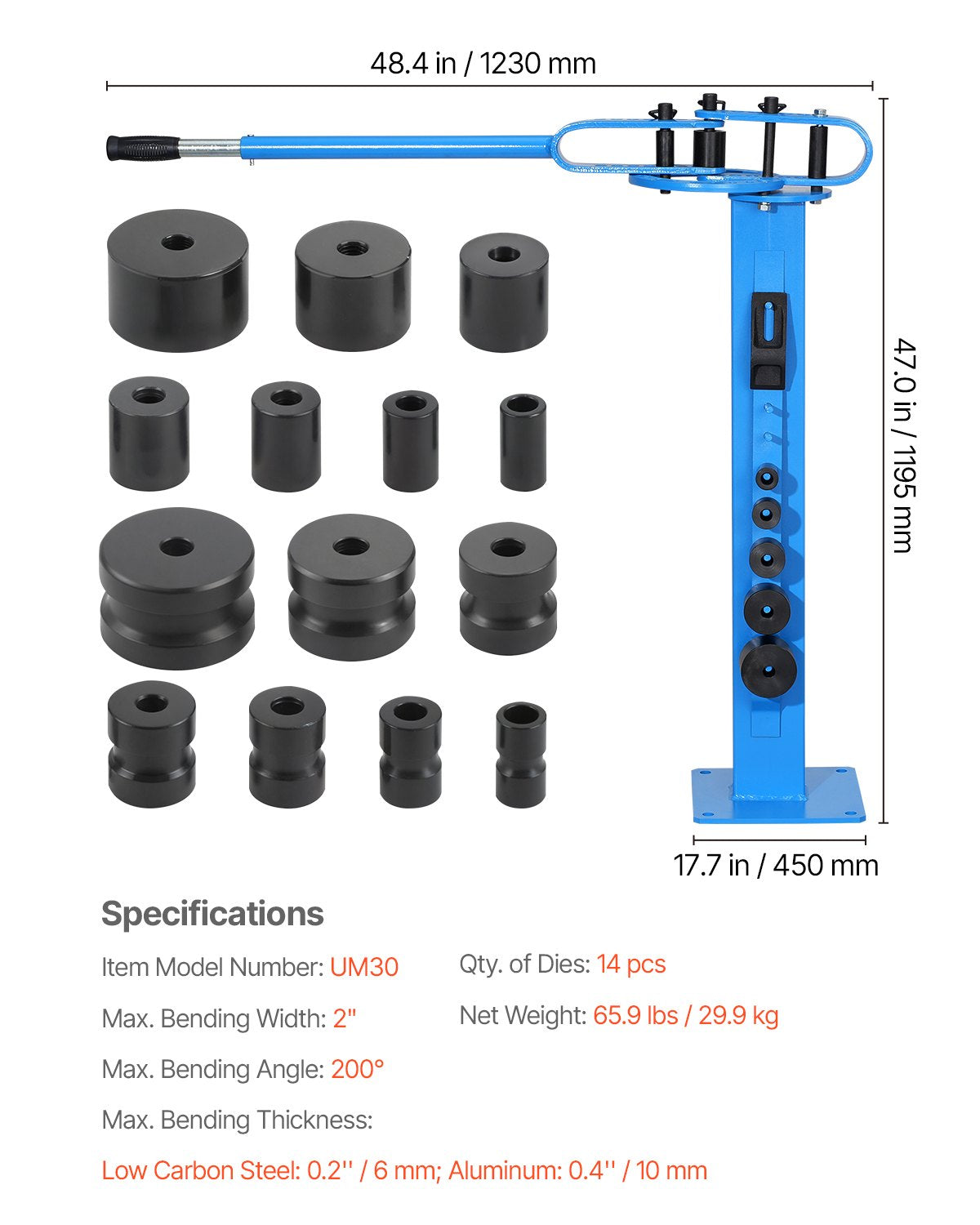 Manuell bockningsmaskin, rörbockare med 14 bockningsverktyg, 200° kraftigt bockningsverktyg för koppar-, aluminium- och järnrör, idealisk för HVAC, luftkonditionering, kylskåp och bilreparationer