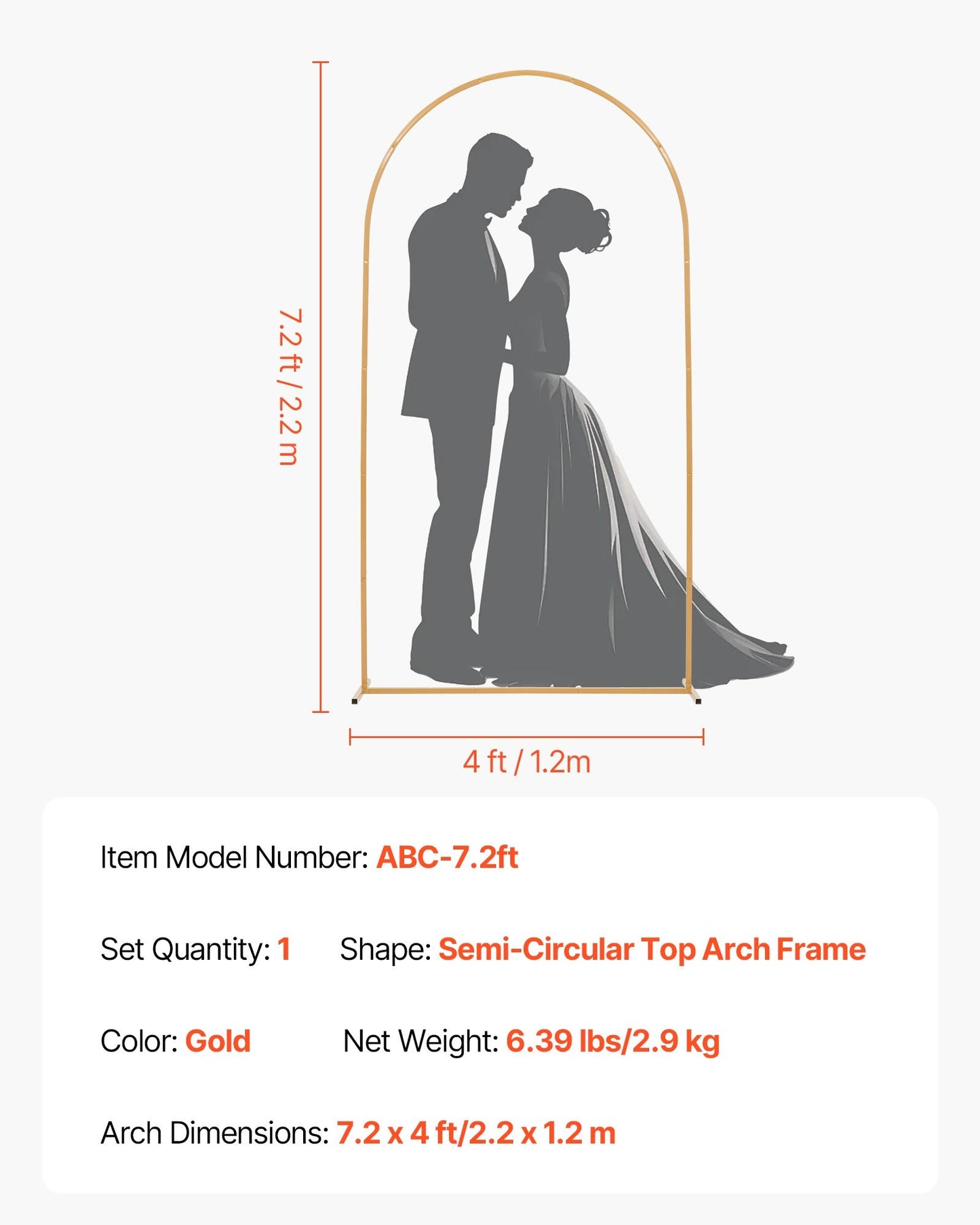 Arch Backdrop Stand, 2.2 x 1.2 m, Stable Structure, Easy Assembly, 1 Piece Gold Metal Arch Backdrop Stand for Wedding, Birthday Party, Graduation, Holiday Celebration, and Ceremony Decoration